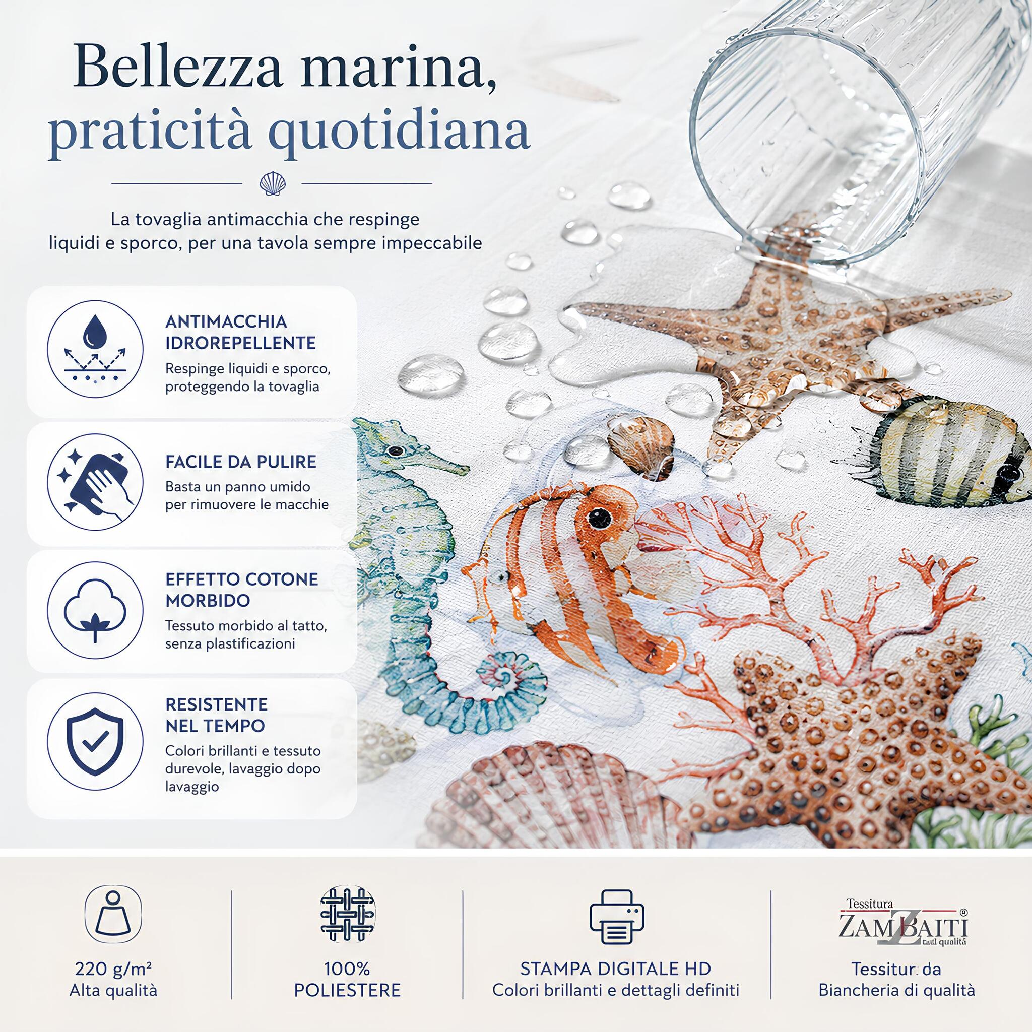 Dettaglio trattamento antimacchia idrorepellente della tovaglia Zambaiti Corallo