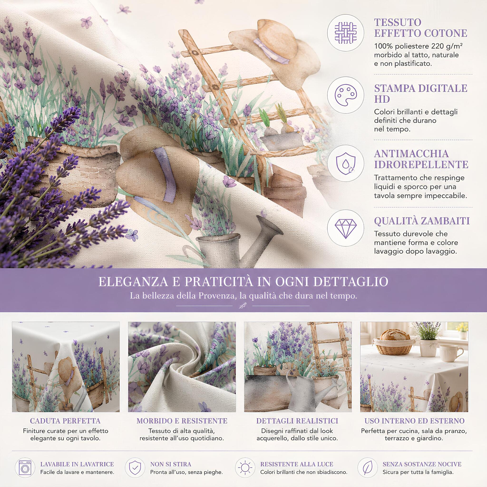 Caratteristiche della tovaglia antimacchia effetto cotone Zambaiti Law con lavanda provenzale