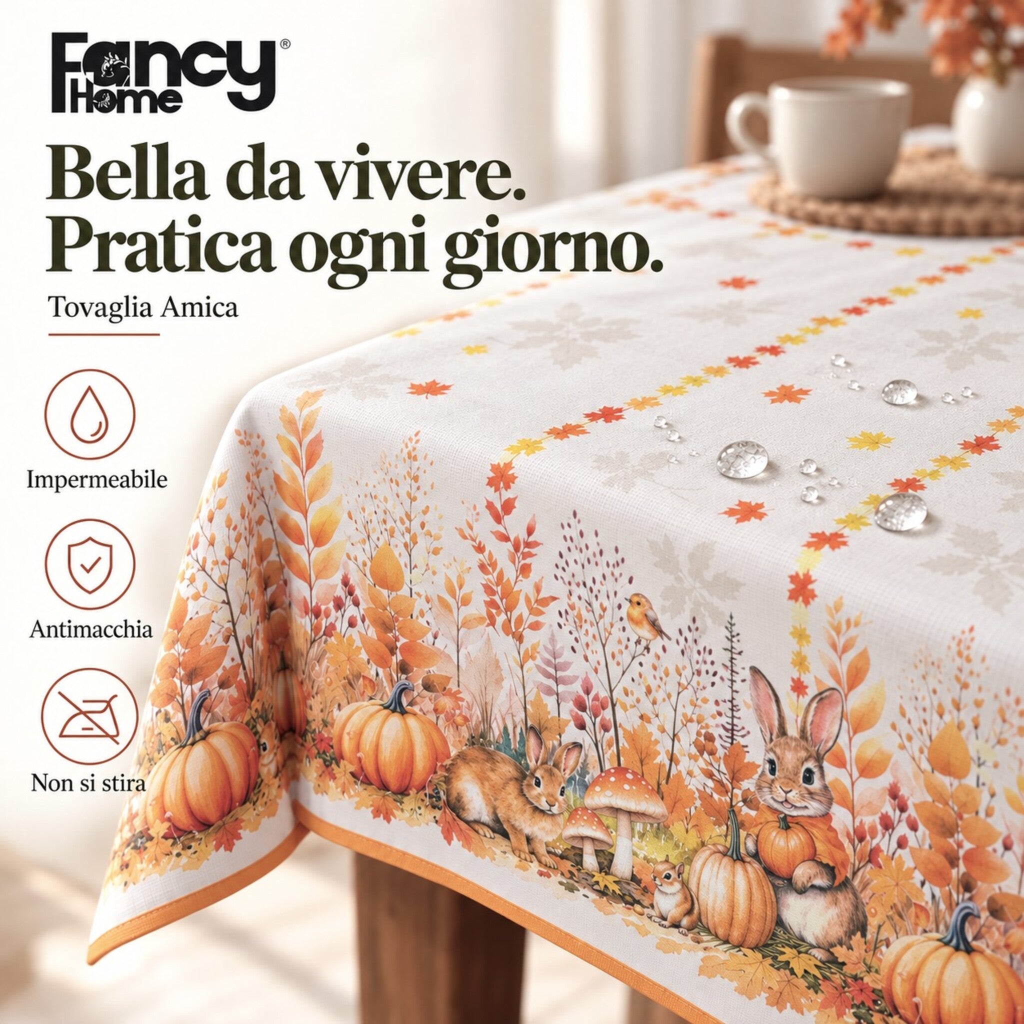 Scheda della tovaglia Amica con coniglietti autunnali e indicazioni impermeabile, antimacchia e no stiro.