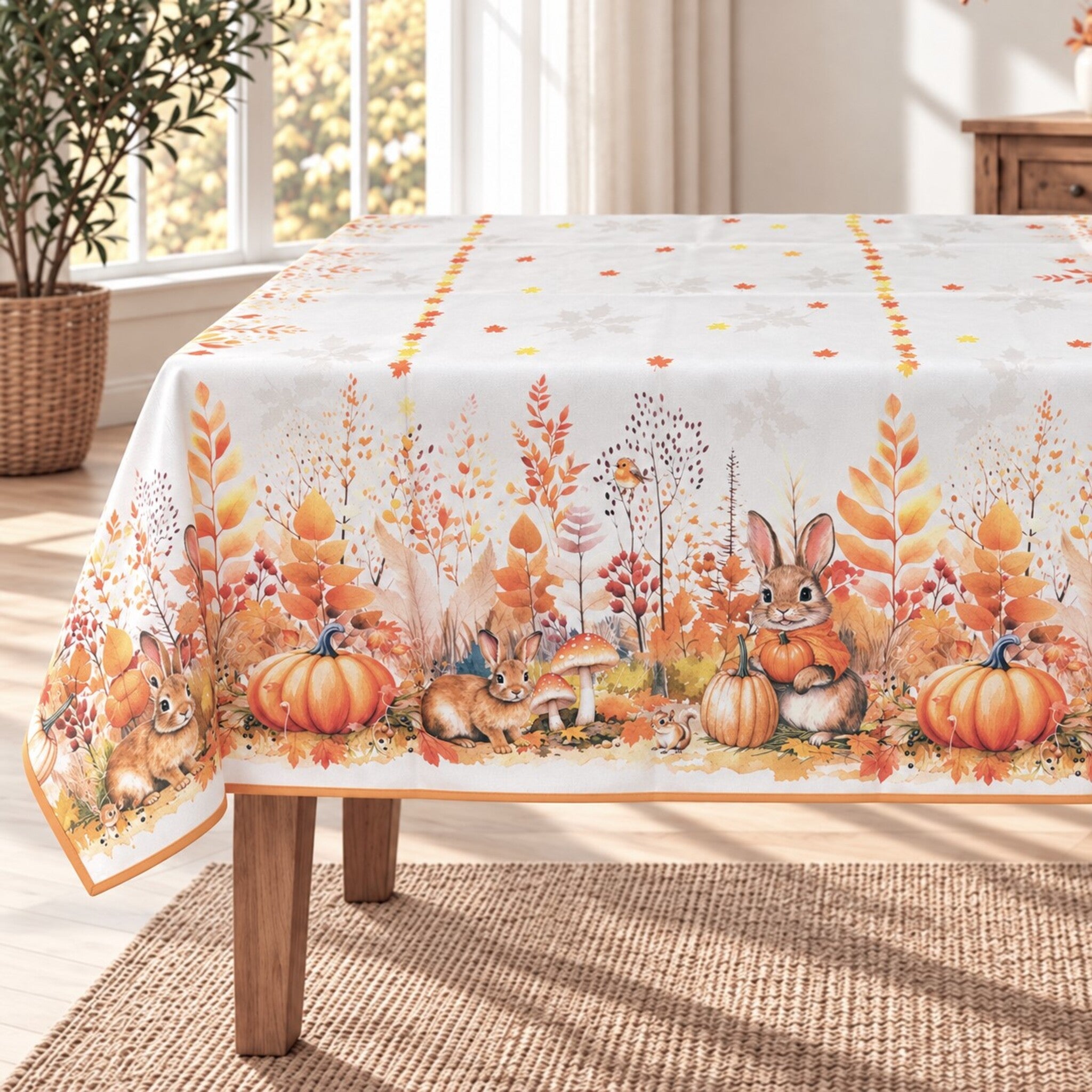 Tovaglia Fancy Home Amica su tavolo rettangolare, decorata con coniglietti, zucche, funghi e foglie autunnali.