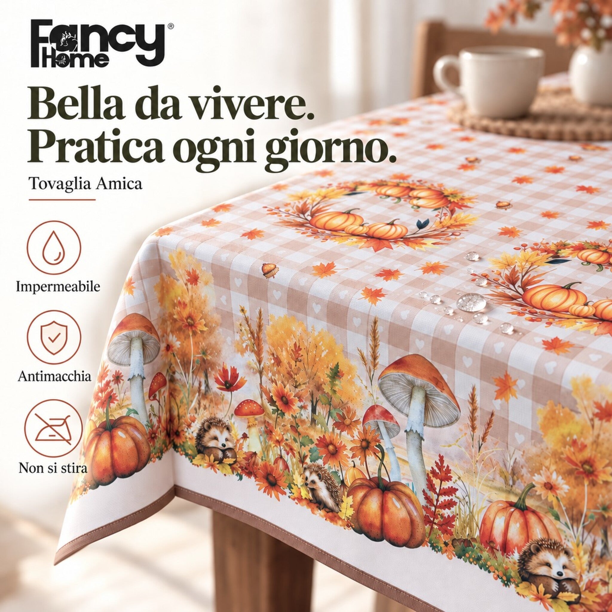 Scheda della tovaglia Amica con ricci e funghi, gocce d’acqua e icone impermeabile, antimacchia e no stiro.