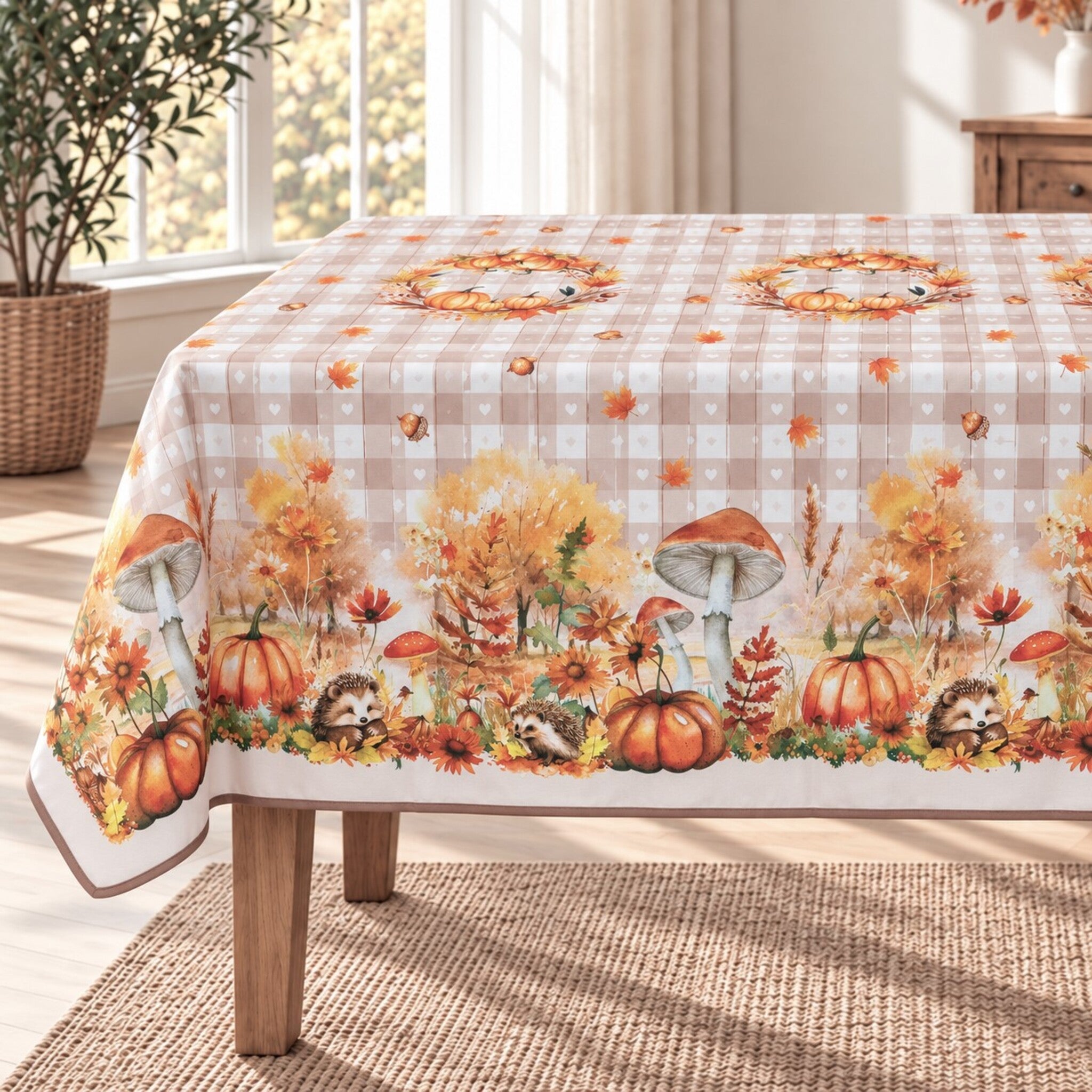 Tovaglia Fancy Home Amica su tavolo rettangolare, con ricci, funghi e zucche su fondo a quadretti con cuori.