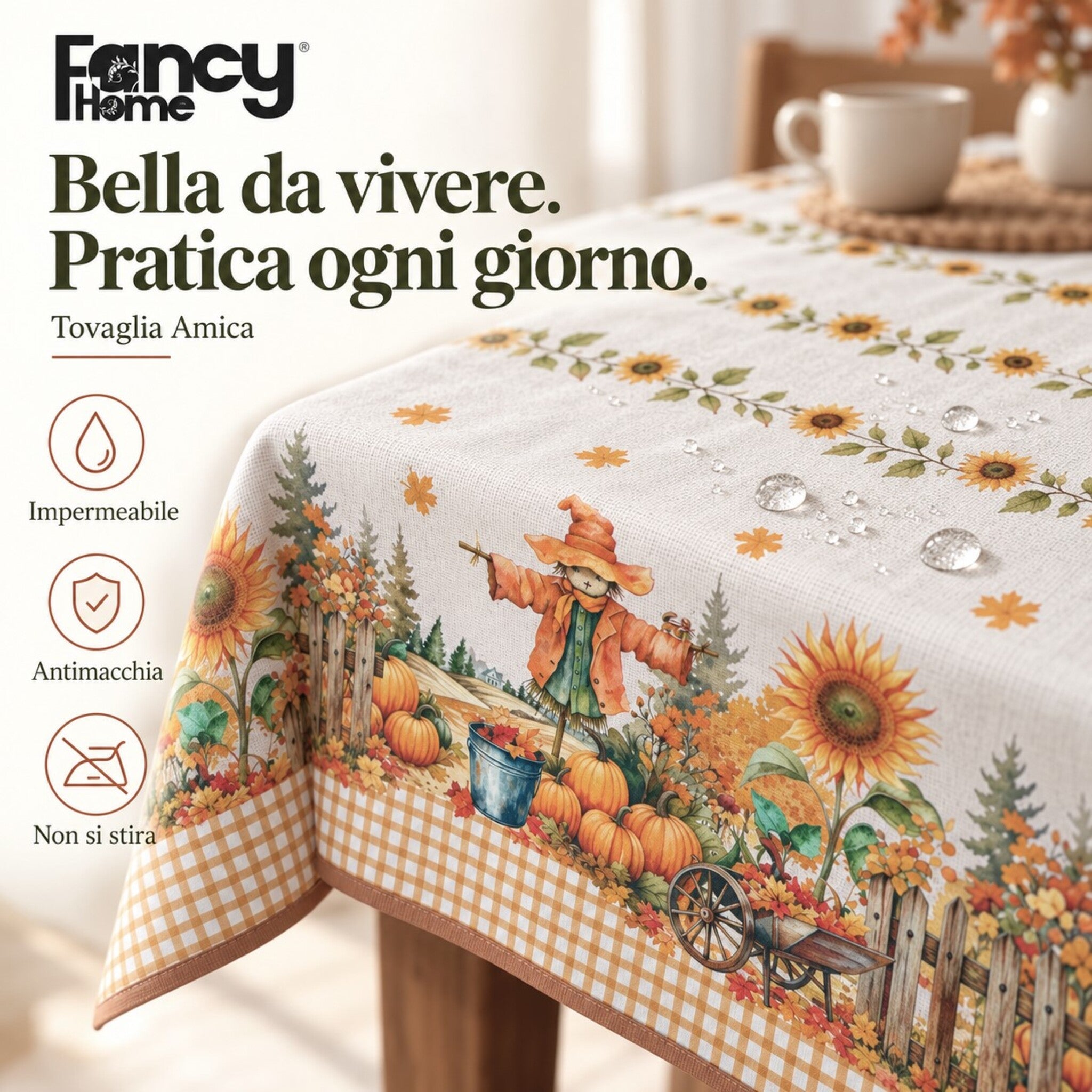 Scheda della tovaglia Amica con spaventapasseri e girasoli, icone impermeabile, antimacchia e no stiro.