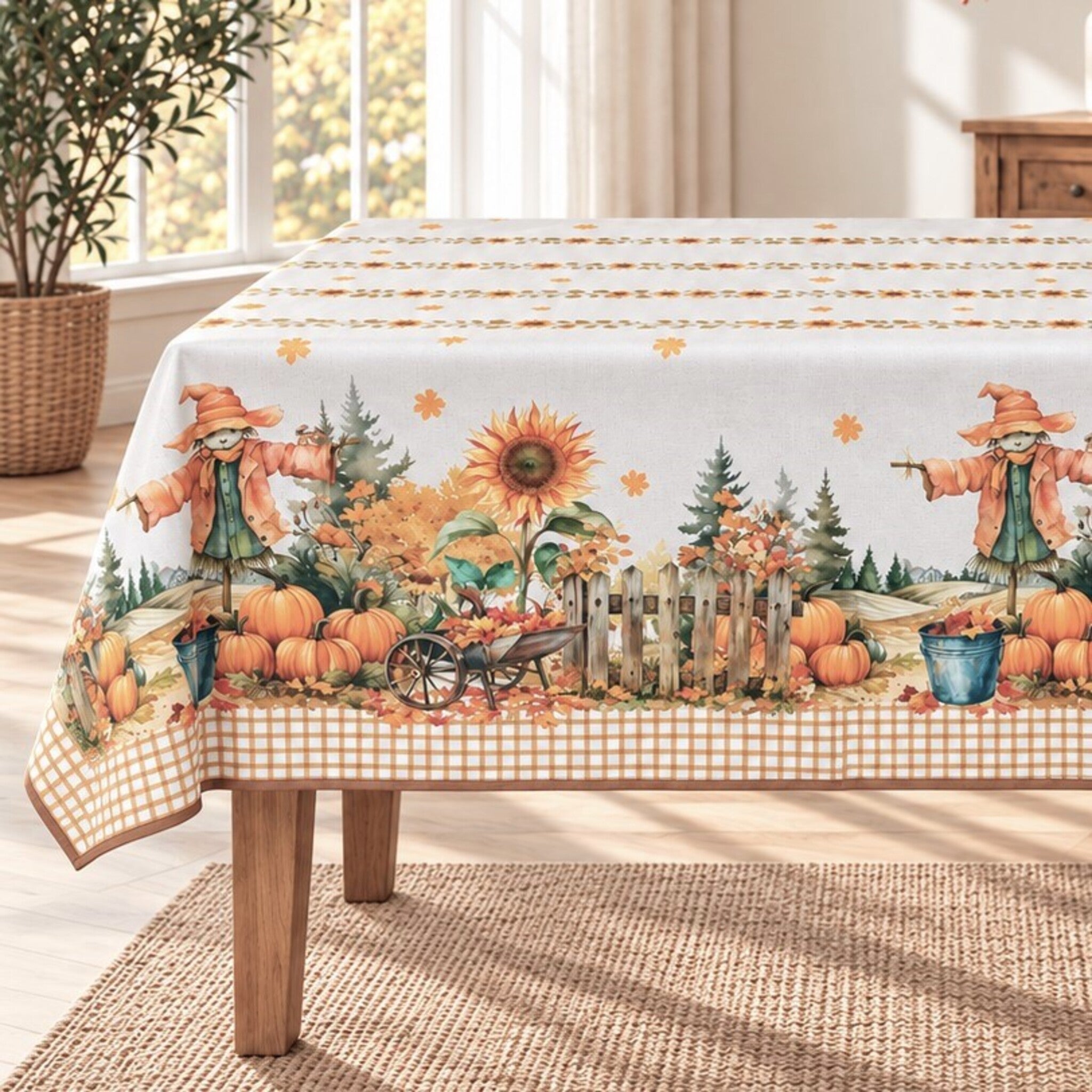 Tovaglia Fancy Home Amica su tavolo rettangolare, con spaventapasseri, girasoli e zucche su fondo chiaro.