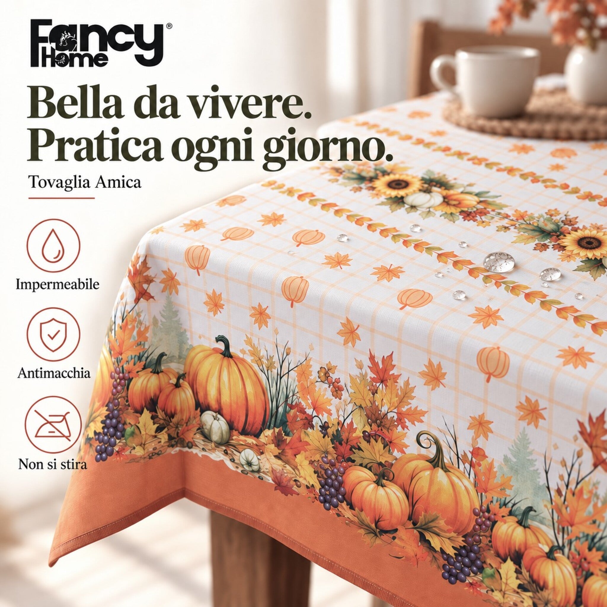 Scheda della tovaglia Amica fantasia zucche e uva con icone impermeabile, antimacchia e no stiro.