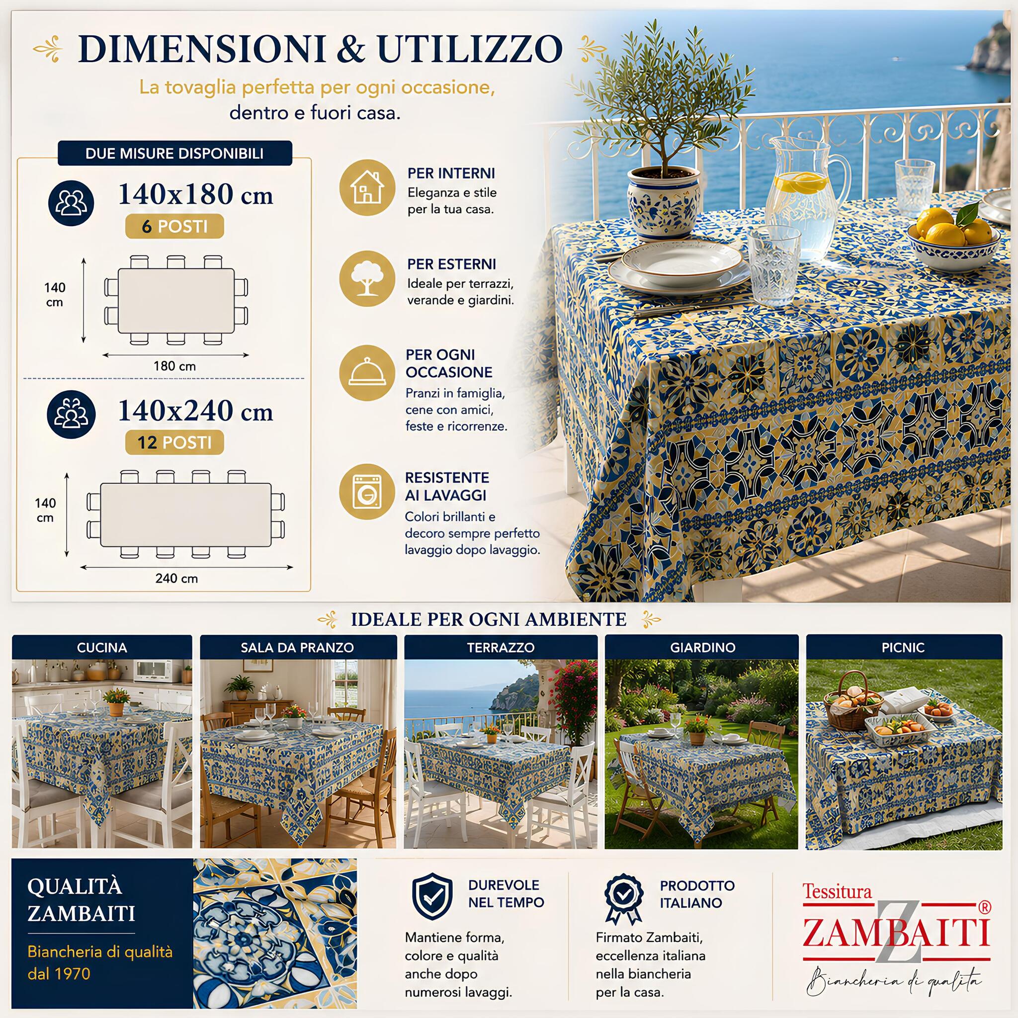 Dimensioni tovaglia antimacchia Zambaiti Kalt disponibile 140x180 e 140x240 cm