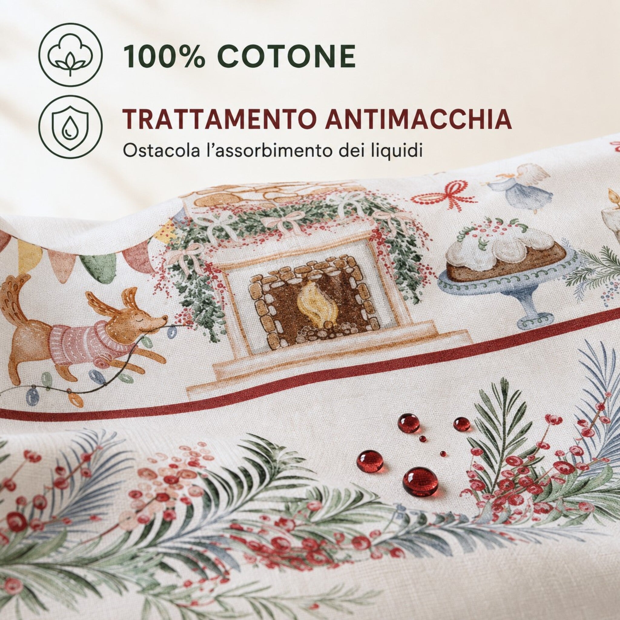 Dettaglio della tovaglia Katrine in 100% cotone con trattamento antimacchia e stampa natalizia