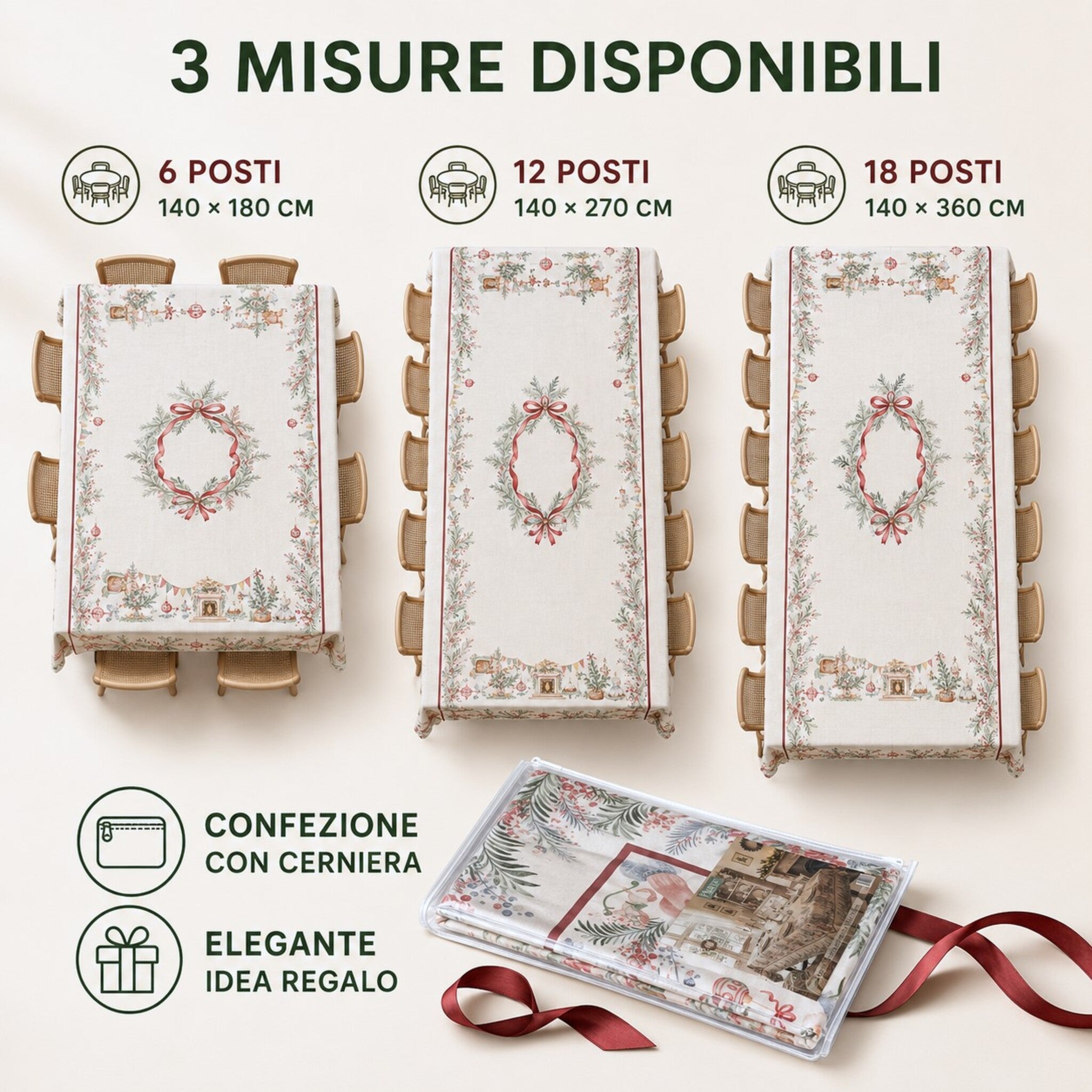 Tovaglia Katrine disponibile da 6, 12 e 18 posti nelle misure 140x180, 140x270 e 140x360 cm