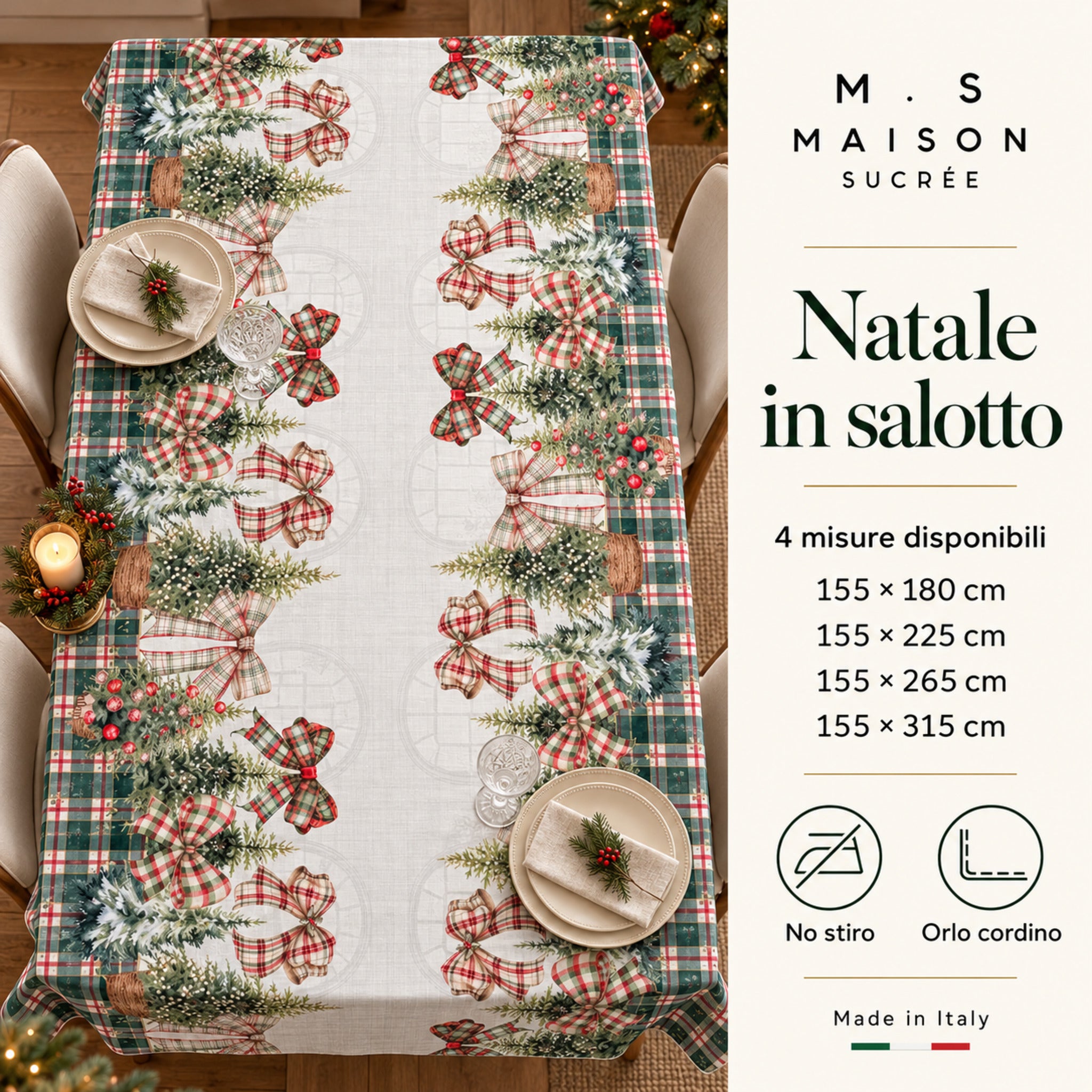 Infografica Natale in salotto con vista della tovaglia dall’alto, quattro misure disponibili, orlo cordino e indicazione no stiro.