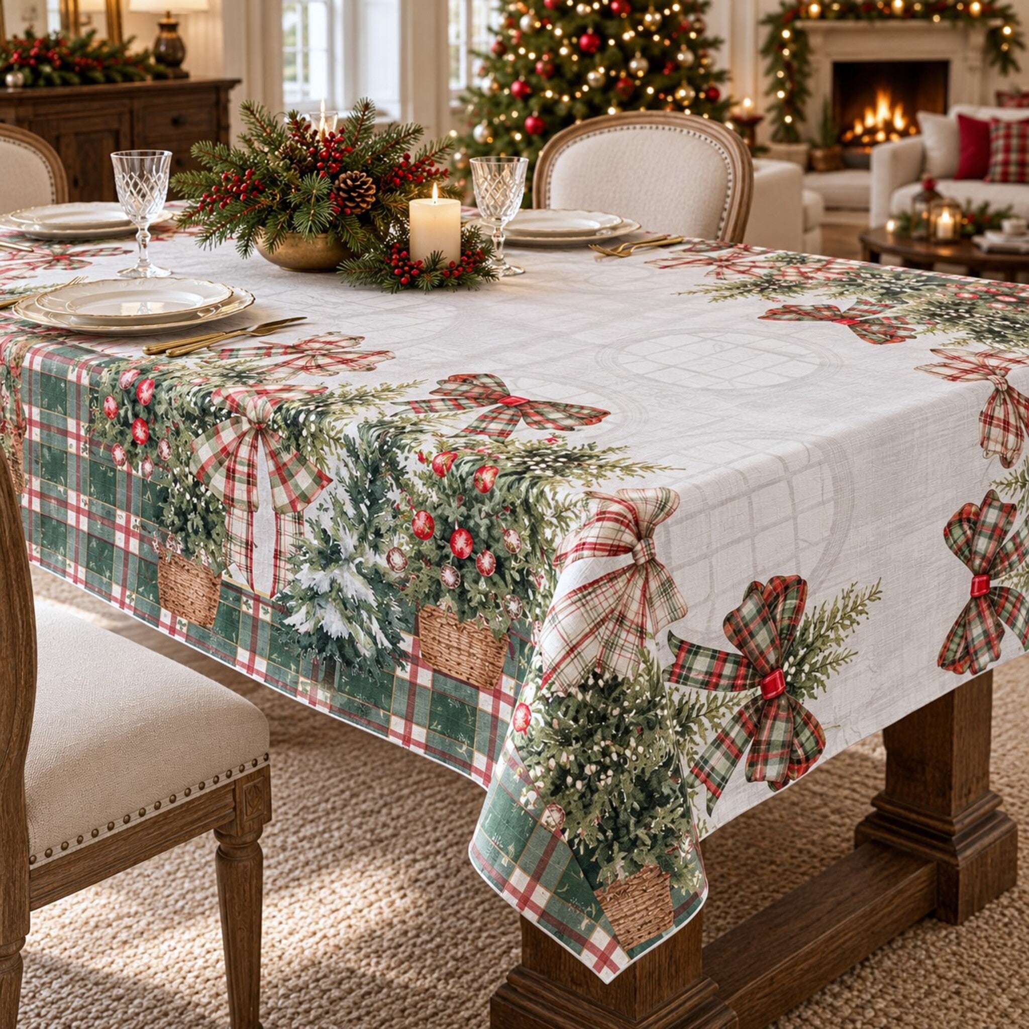 Tavola apparecchiata con tovaglia Maison Sucrée Natale in salotto, fondo chiaro, abeti decorati e fiocchi tartan lungo i bordi.