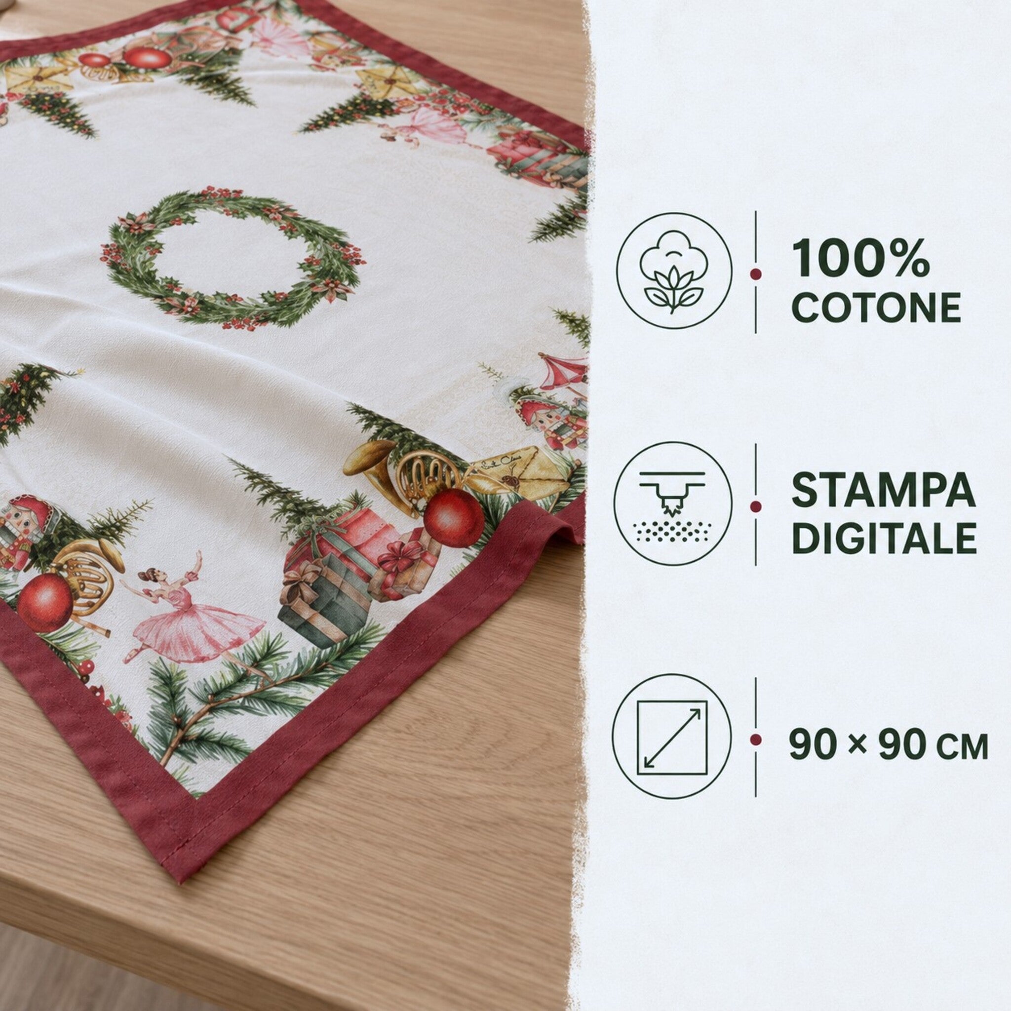 Tovaglia natalizia Plume 90x90 cm in 100% cotone con stampa digitale