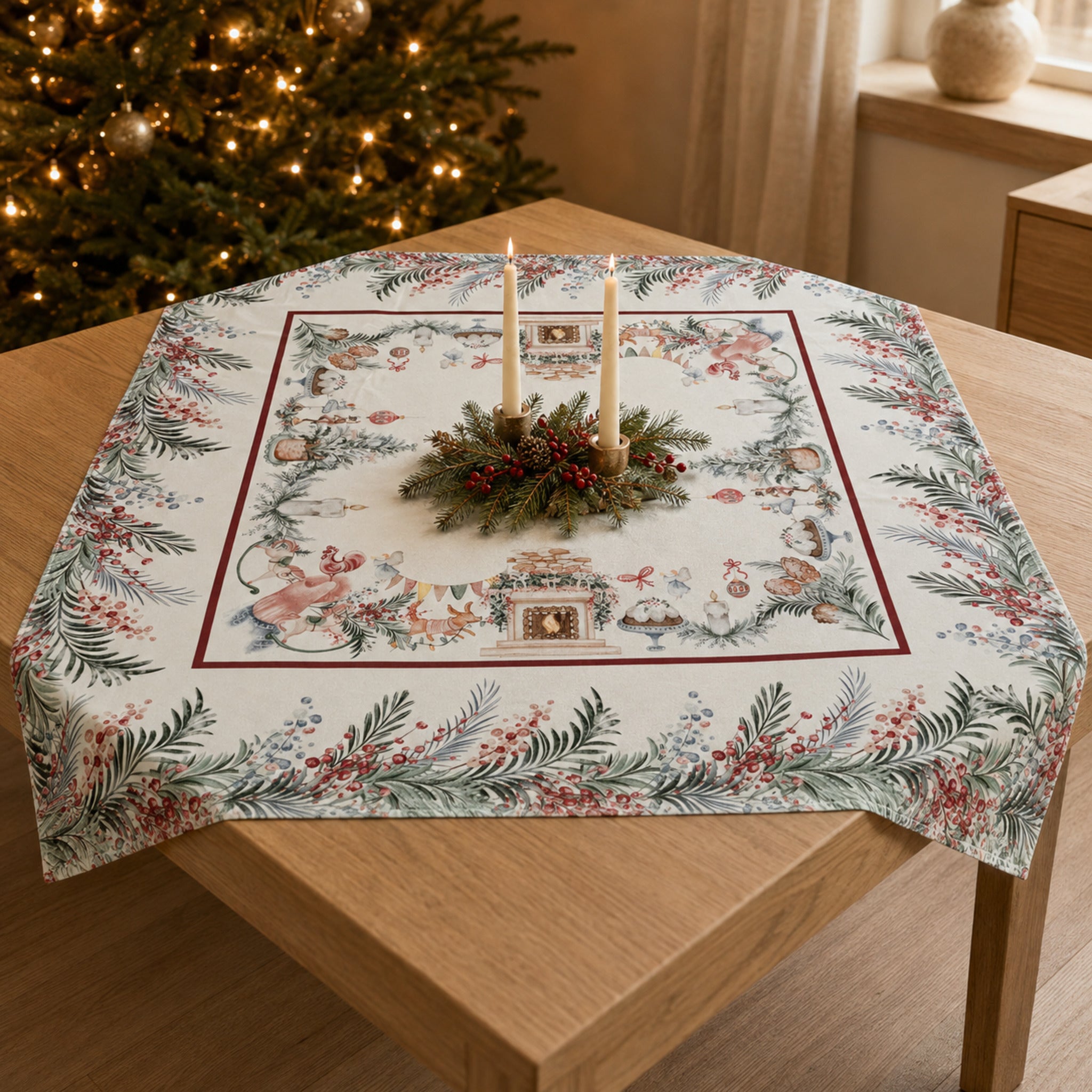 Tovaglia natalizia Plume Katrine 90x90 cm in cotone ambientata sulla tavola di Natale
