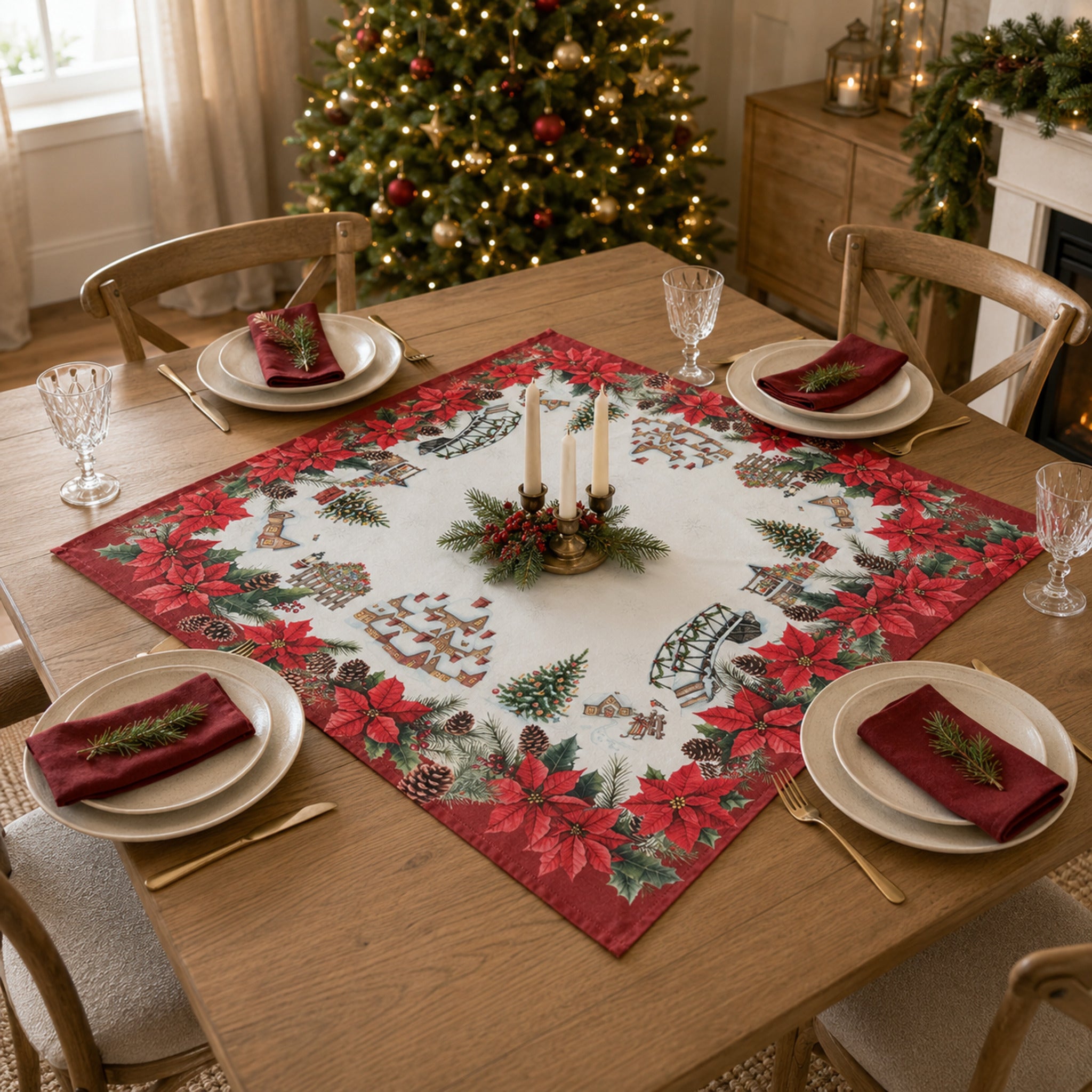 Tovaglia natalizia Plume Snowland 90x90 cm in cotone ambientata sulla tavola di Natale