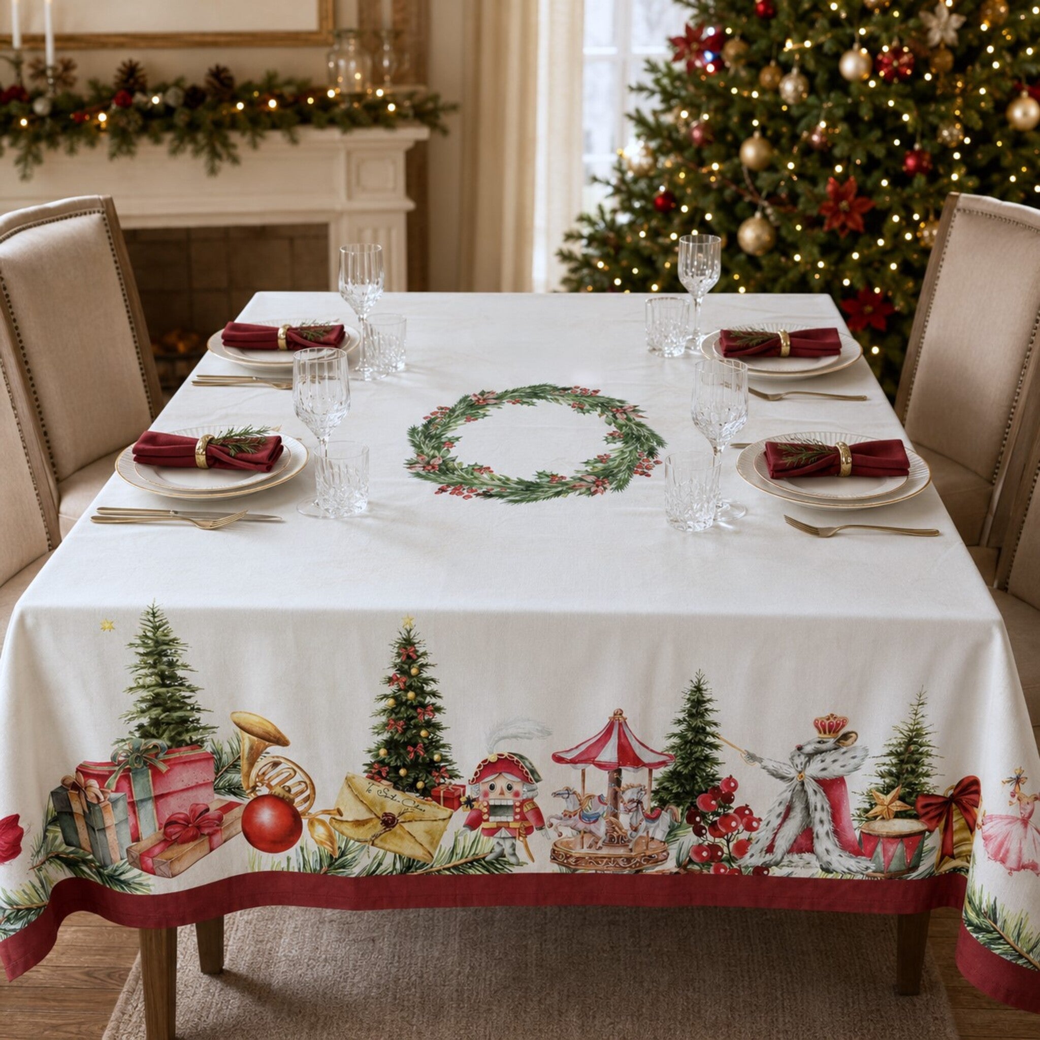 Tovaglia natalizia Plume Sogno di Natale in cotone antimacchia ambientata su tavola da pranzo