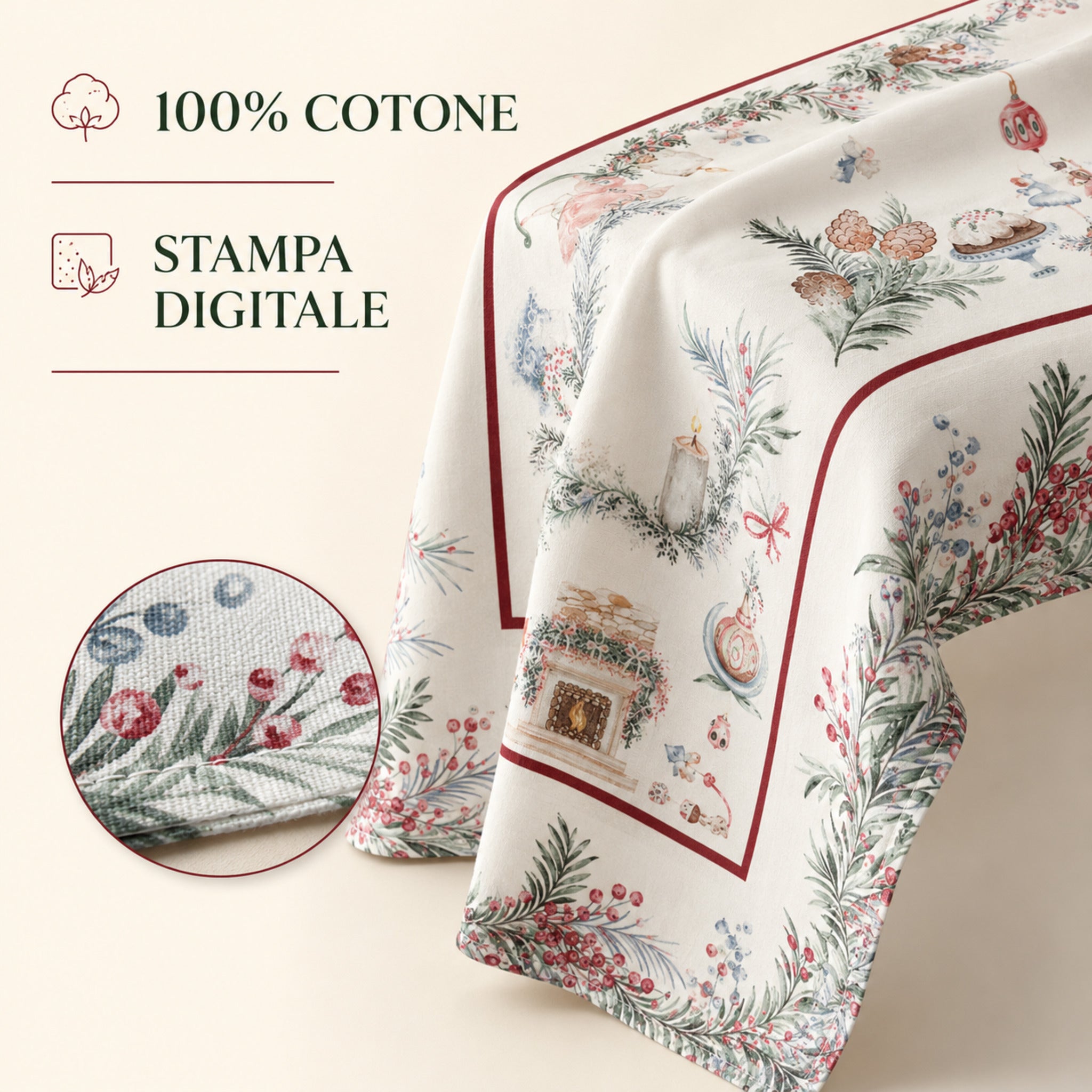 Tovaglia Plume Katrine in 100% cotone con stampa digitale e fantasia natalizia elegante