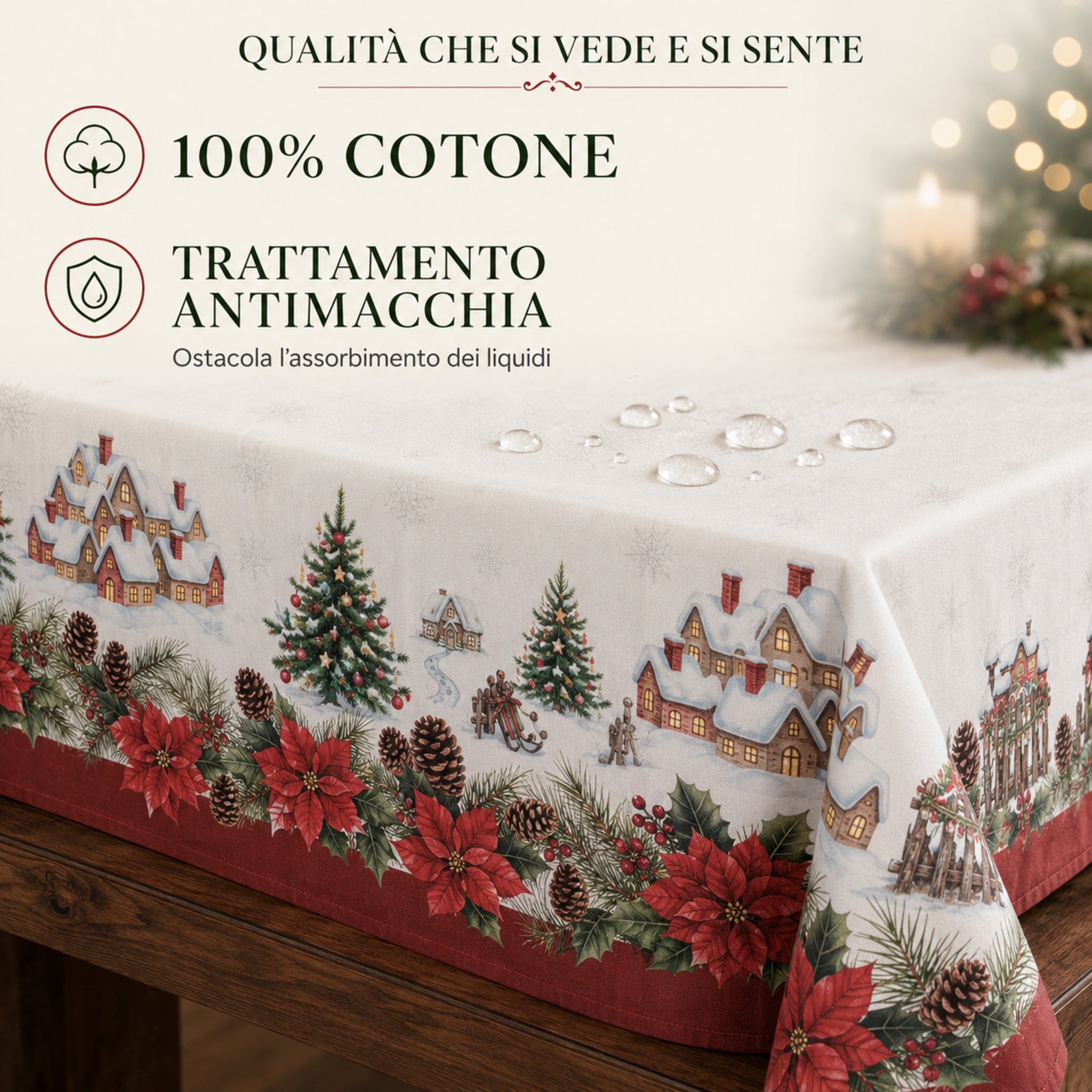 Dettaglio della tovaglia Plume Snowland in 100% cotone con trattamento antimacchia