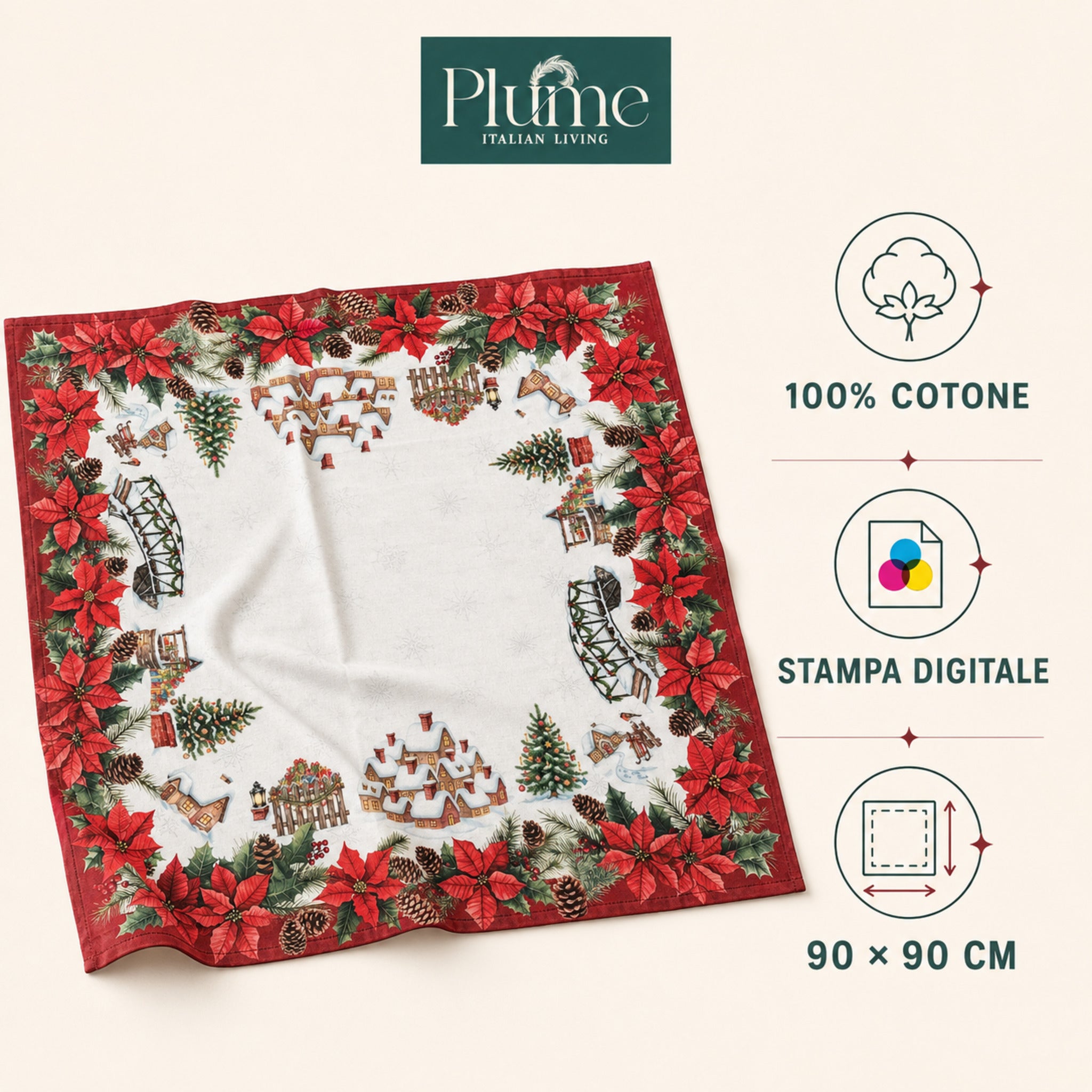 Tovaglia Plume Snowland 90x90 cm in 100% cotone con stampa digitale natalizia