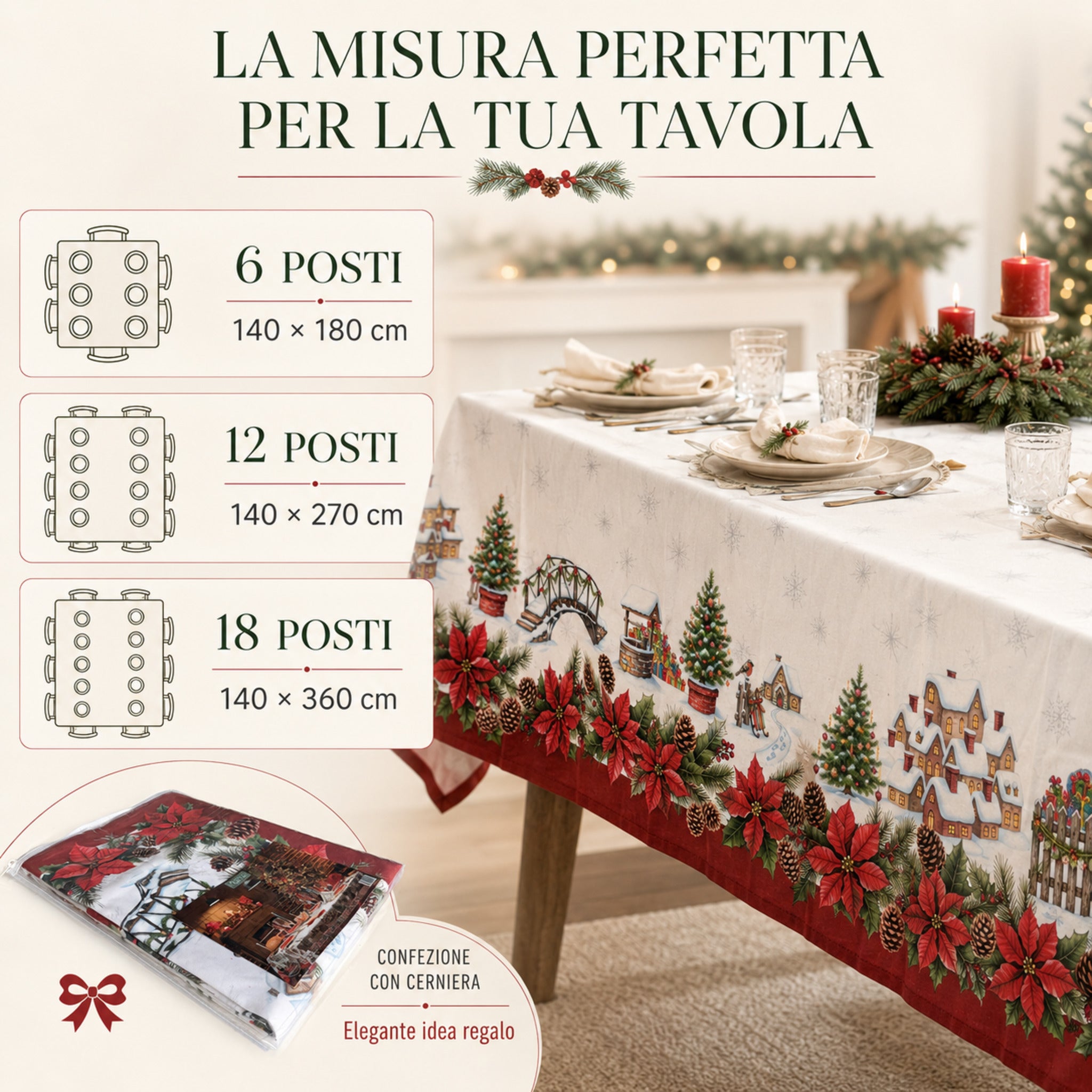 Misure della tovaglia Plume Snowland da 6, 12 e 18 posti con confezione regalo