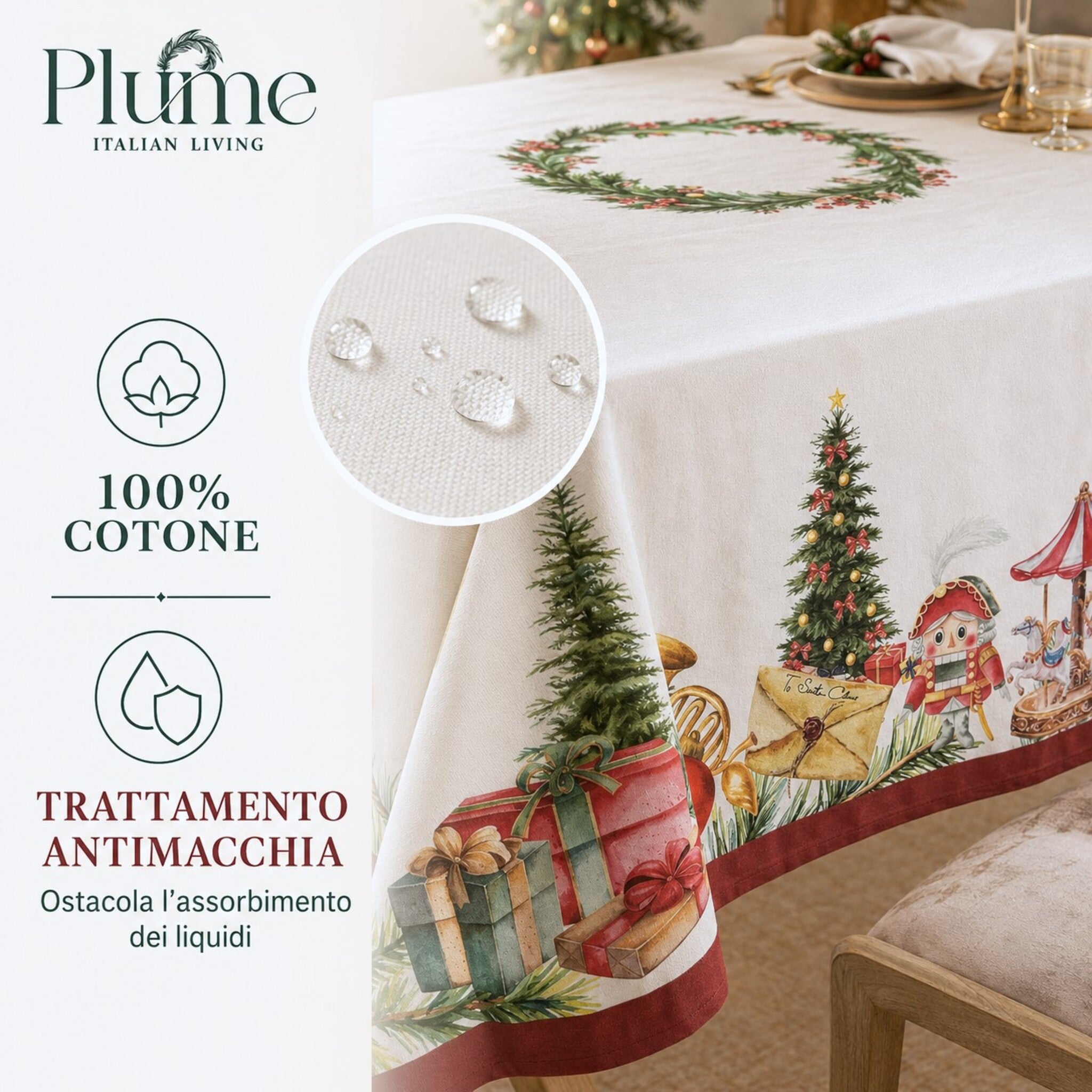 Dettaglio della tovaglia Plume Sogno di Natale in 100% cotone con trattamento antimacchia