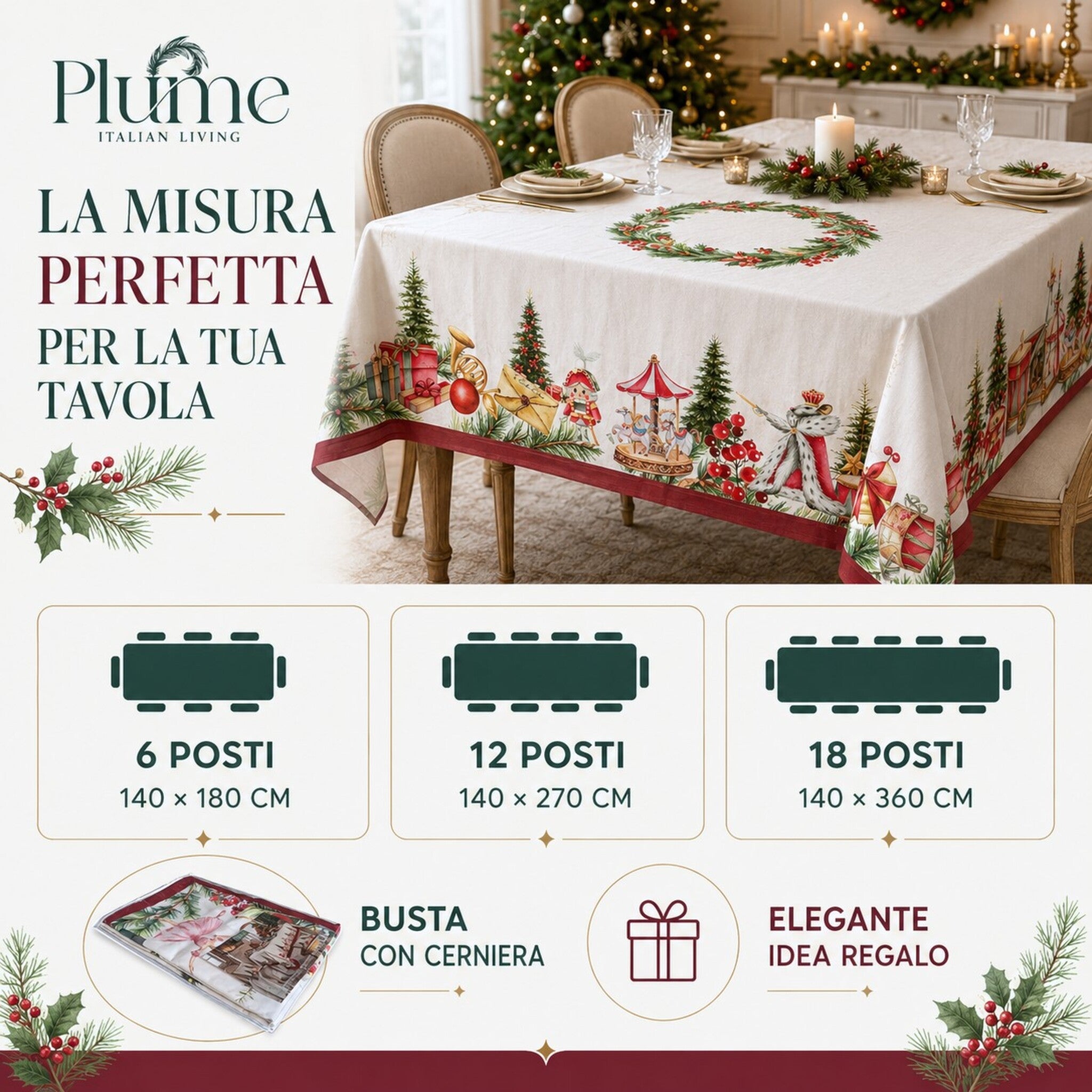 Misure della tovaglia Plume Sogno di Natale da 6, 12 e 18 posti con confezione regalo