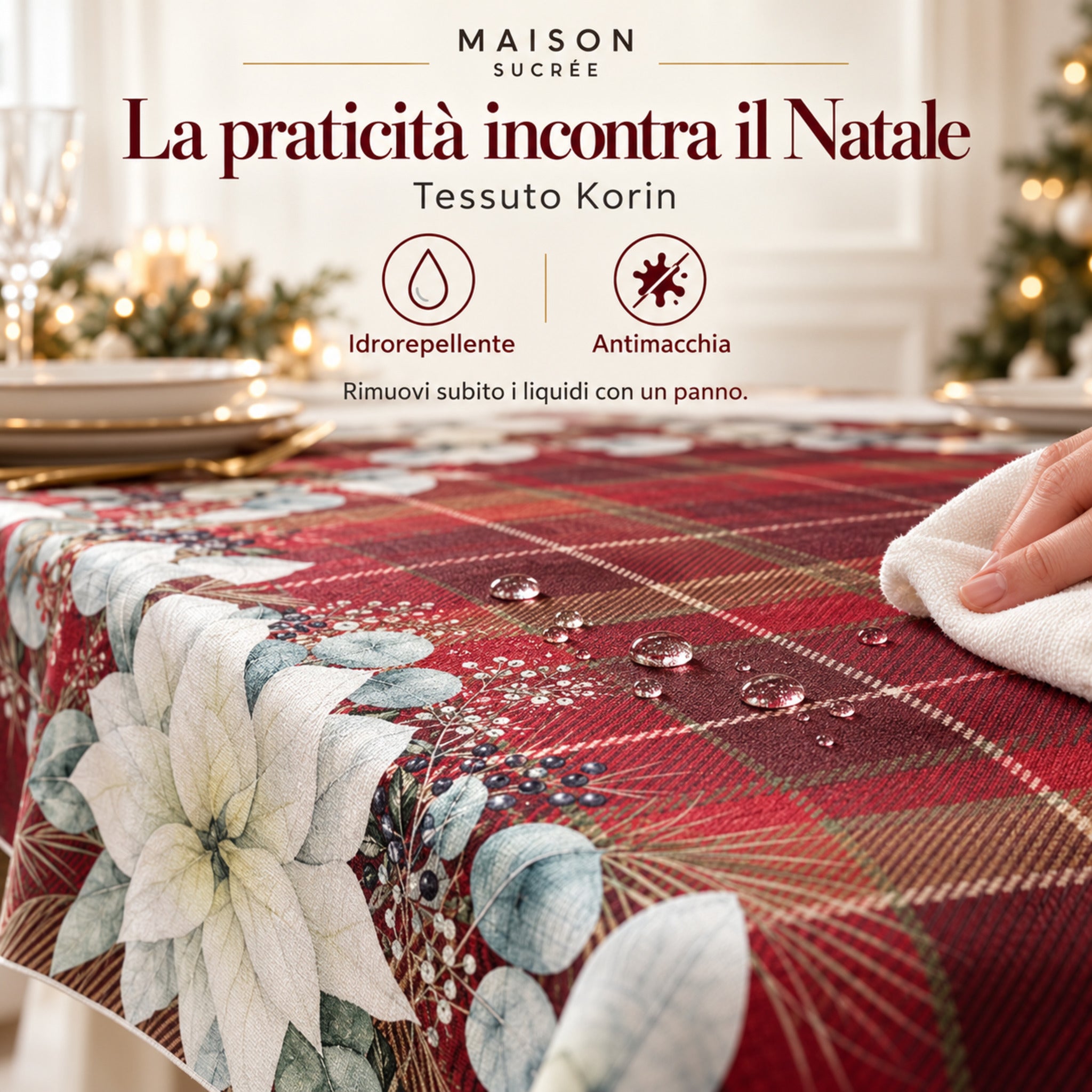 Infografica del tessuto Korin Rosso Tradizione con gocce in superficie e panno per rimuovere i liquidi dalla tovaglia.
