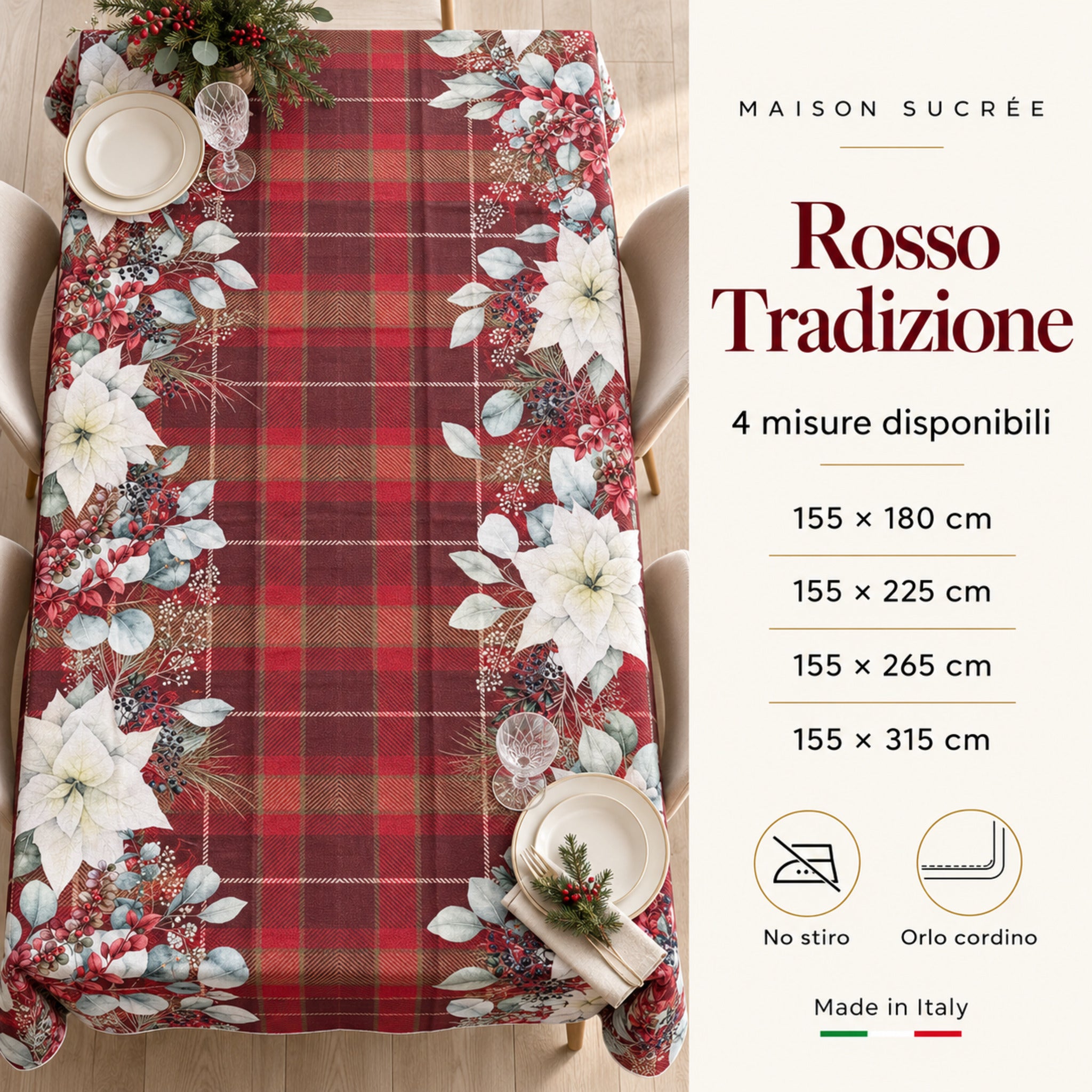 Infografica Rosso Tradizione con vista della tovaglia dall’alto, quattro misure disponibili, orlo cordino e indicazione no stiro.