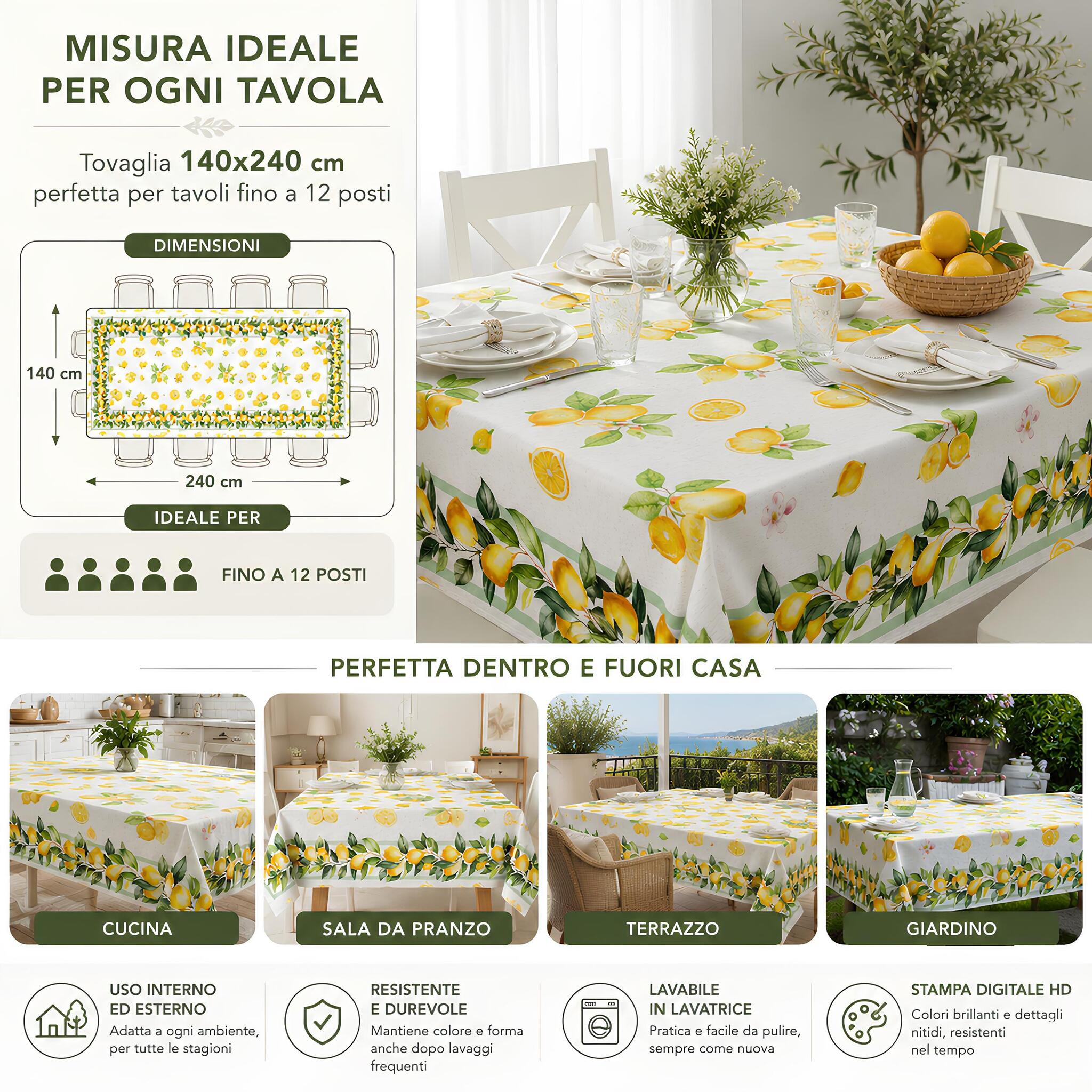Misure e utilizzo tovaglia 140x240 Zambaiti Citry fino a 12 posti