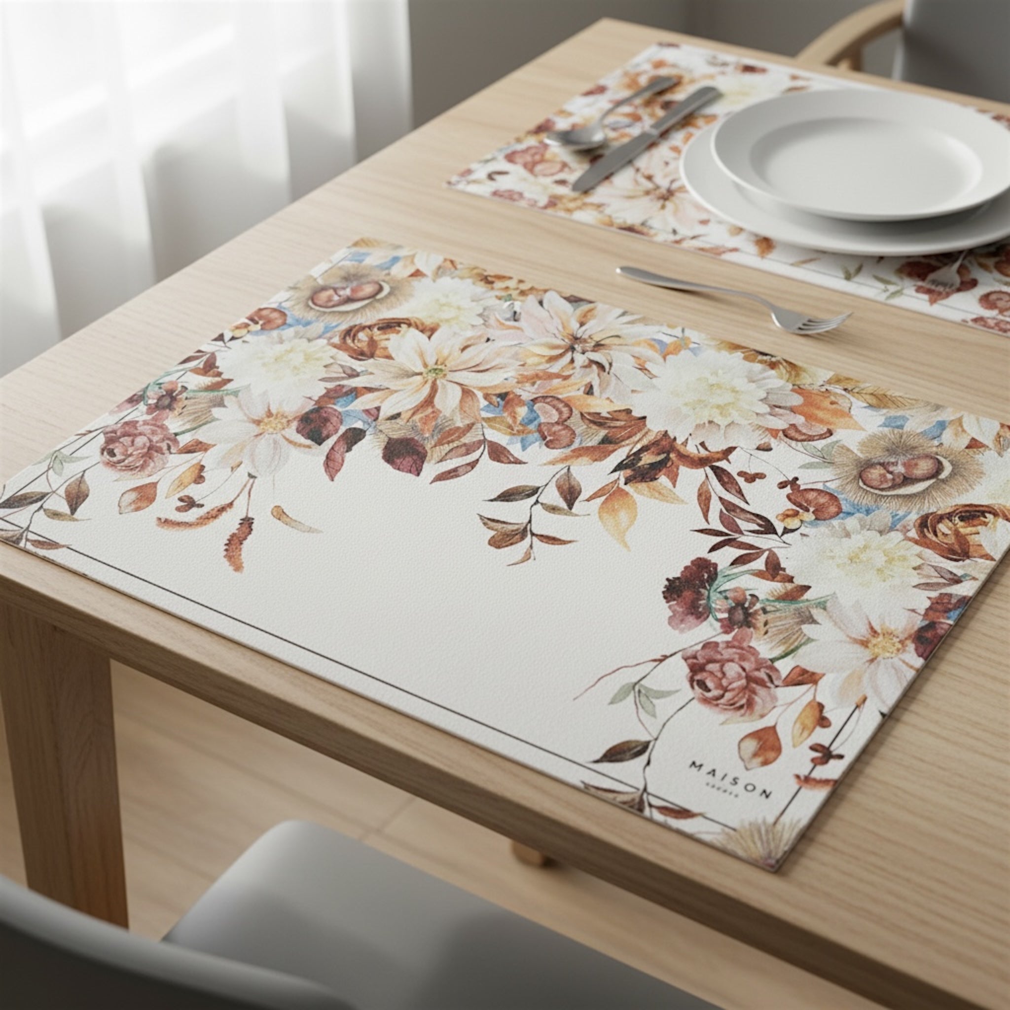Tovaglietta americana Maison Sucrée Equinozio fantasia castagne e fiori autunnali in PVC antimacchia 33x45 cm