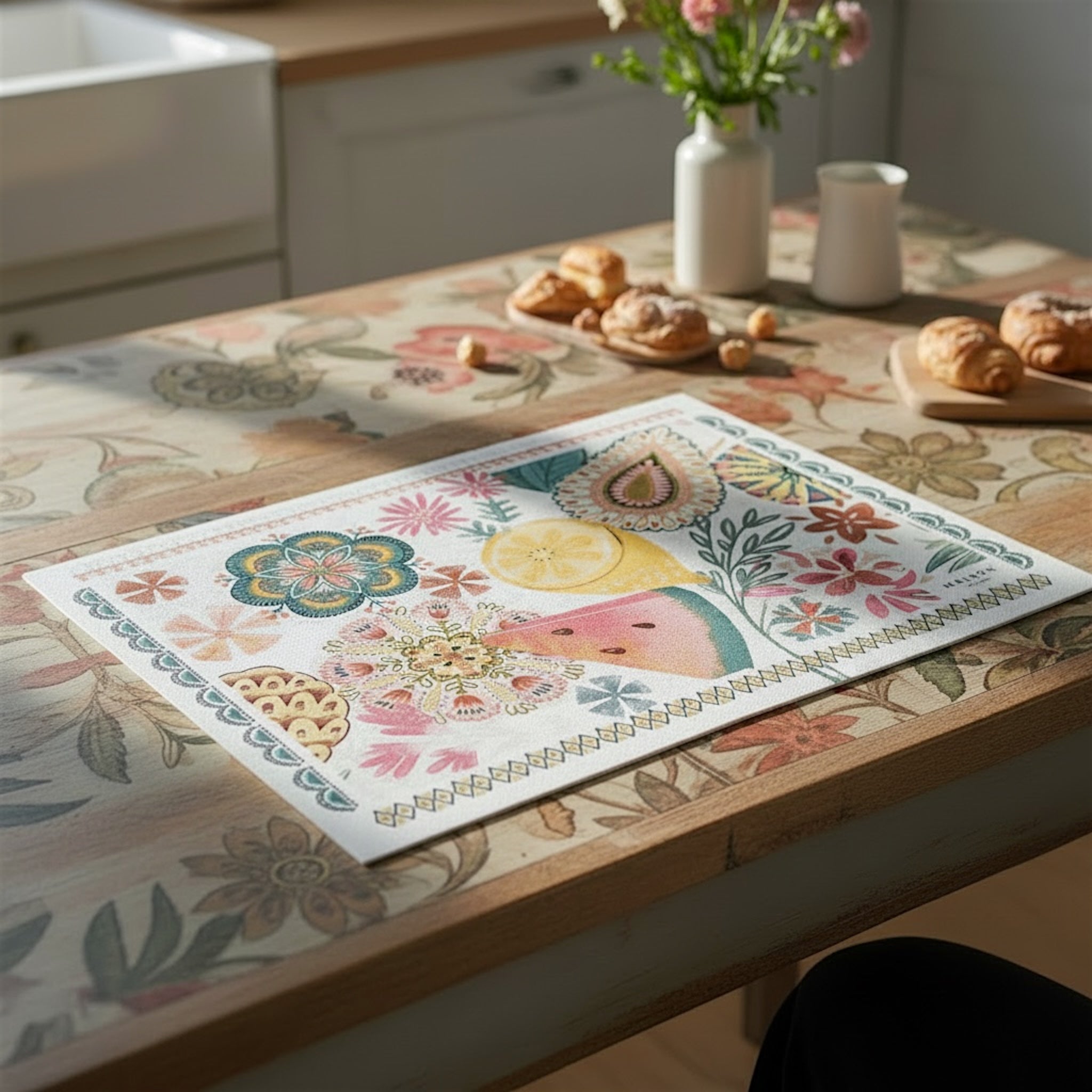 Tovaglietta americana Maison Sucrée Latina con fantasia mediterranea colorata limone anguria e motivi floreali in PVC antimacchia