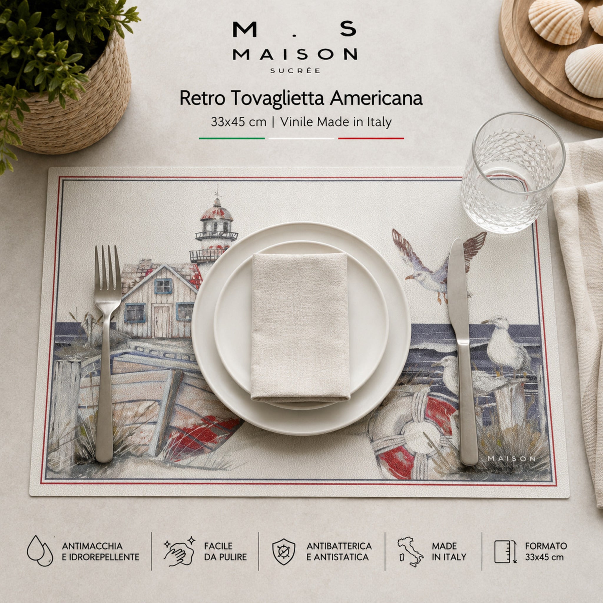 Tovaglietta americana Maison Sucrée Mar Lontano apparecchiata con piatti e posate