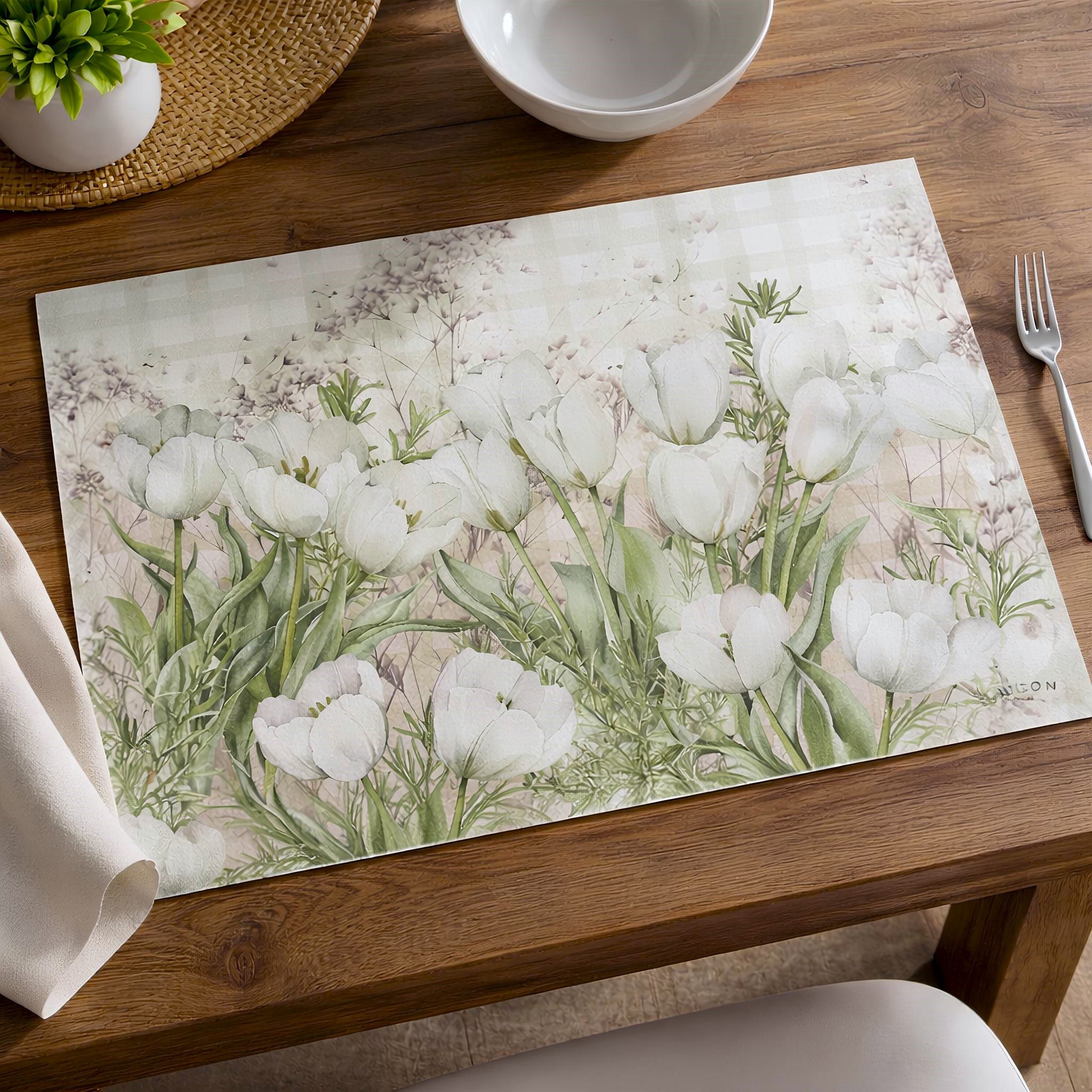 Tovaglietta americana Maison Sucrée Primosole con tulipani bianchi e fantasia botanica elegante in PVC antimacchia 33x45 cm