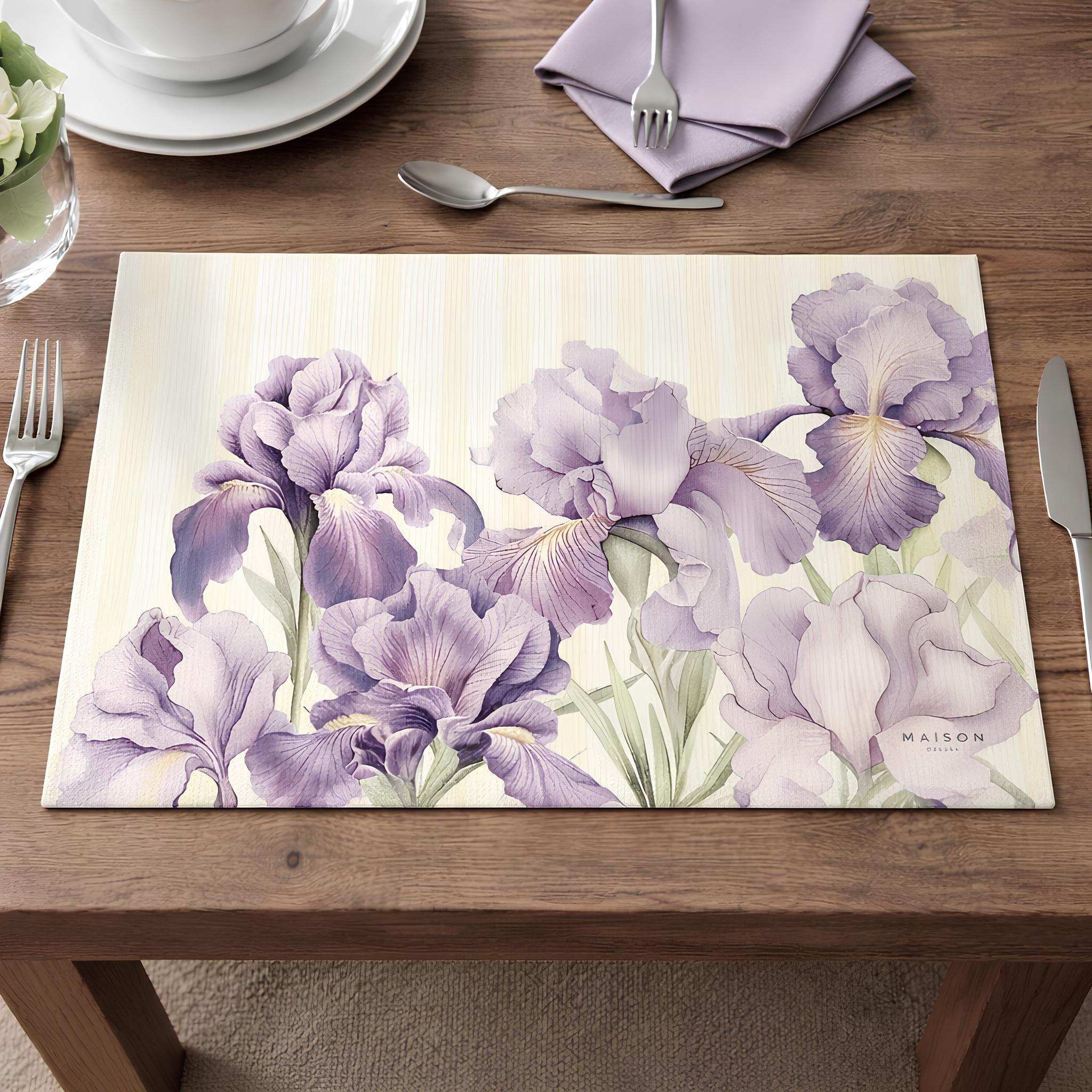 Tovaglietta americana Maison Sucrée Rinascita fantasia iris lilla elegante in PVC antimacchia Made in Italy