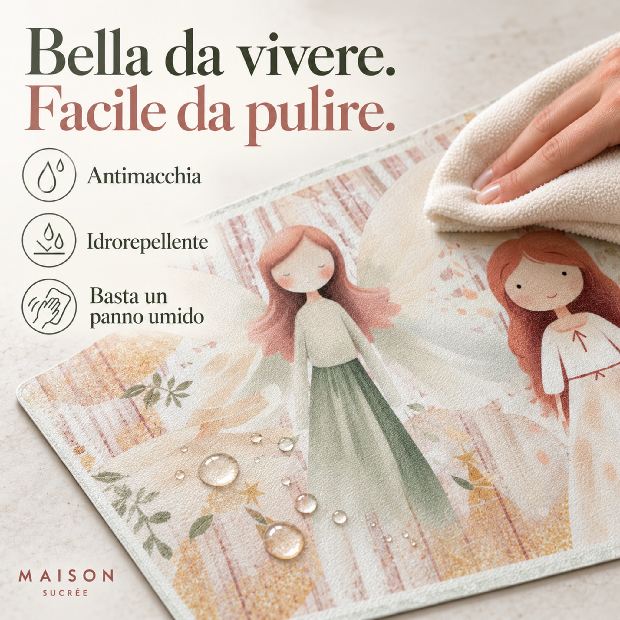 Dettaglio della tovaglietta Atmosfera Preziosa con gocce sulla superficie in PVC e pulizia con panno umido.