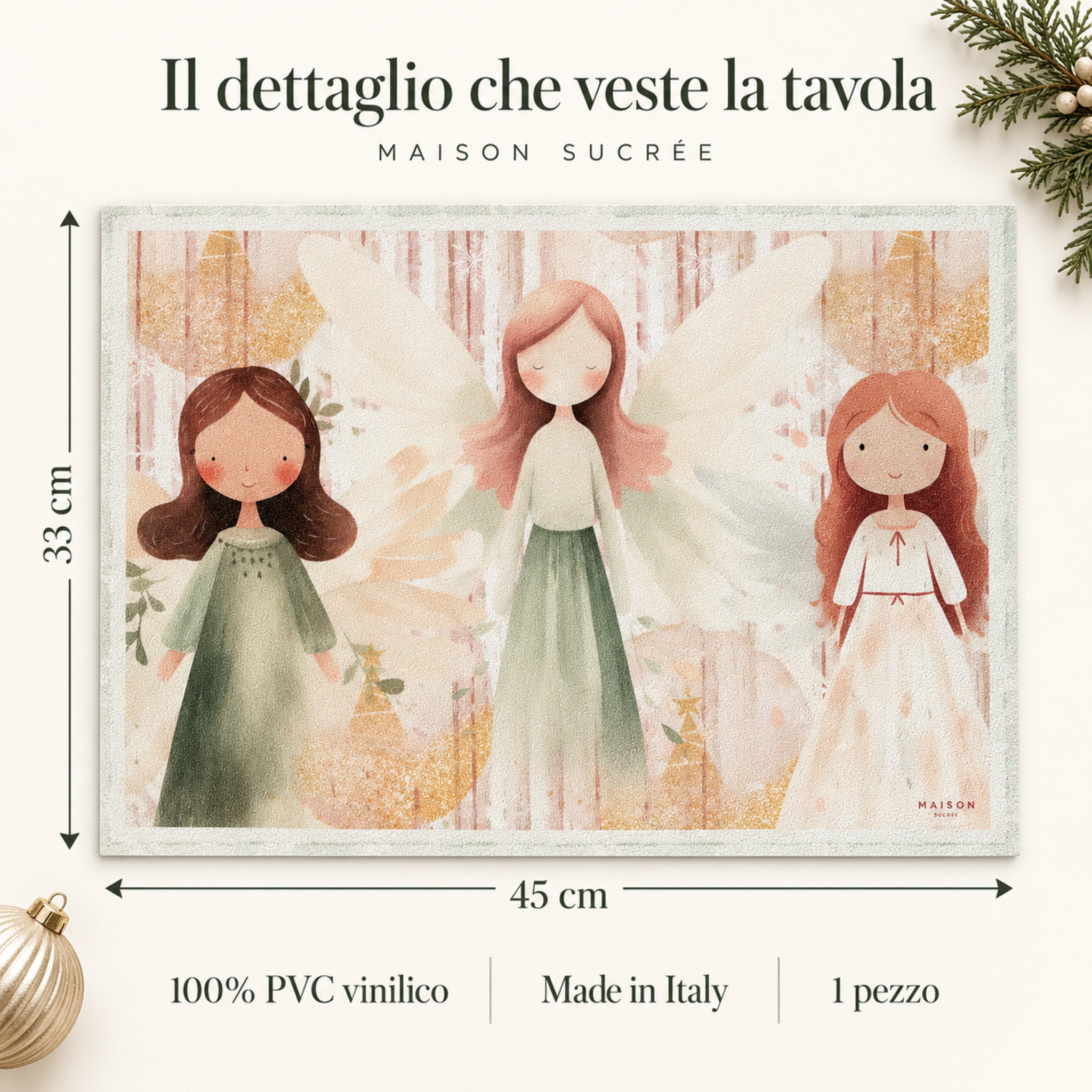 Vista completa della tovaglietta Atmosfera Preziosa con tre figure illustrate e indicazione delle dimensioni 33x45 cm.