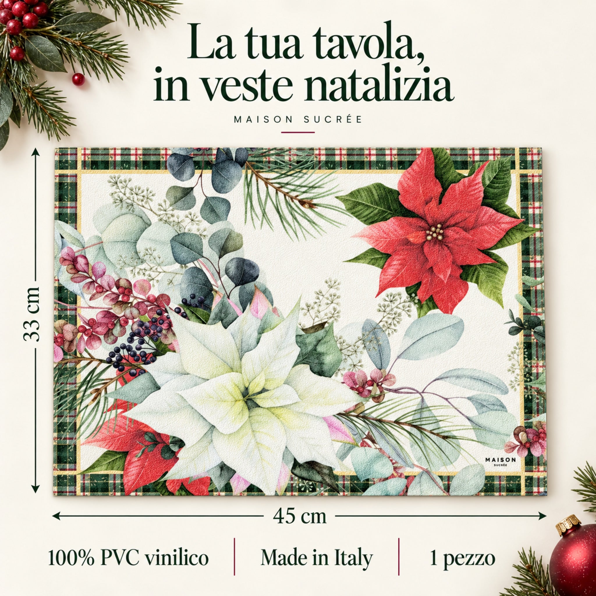 Tovaglietta Maison Sucrée con fantasia botanica natalizia e bordo tartan, con indicazione delle misure 33x45 cm.