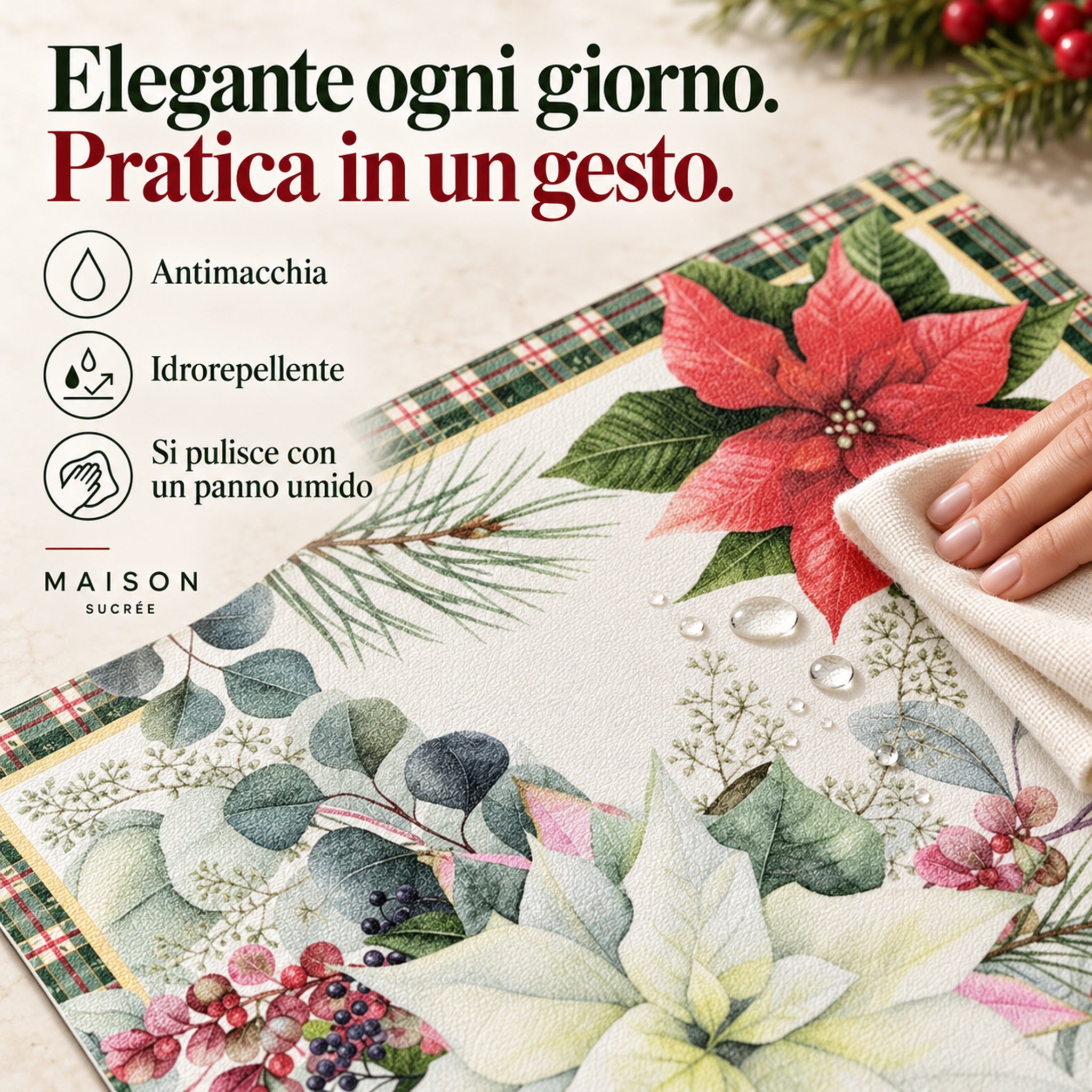 Dettaglio della tovaglietta con stelle di Natale, gocce sulla superficie in PVC e pulizia con panno umido.