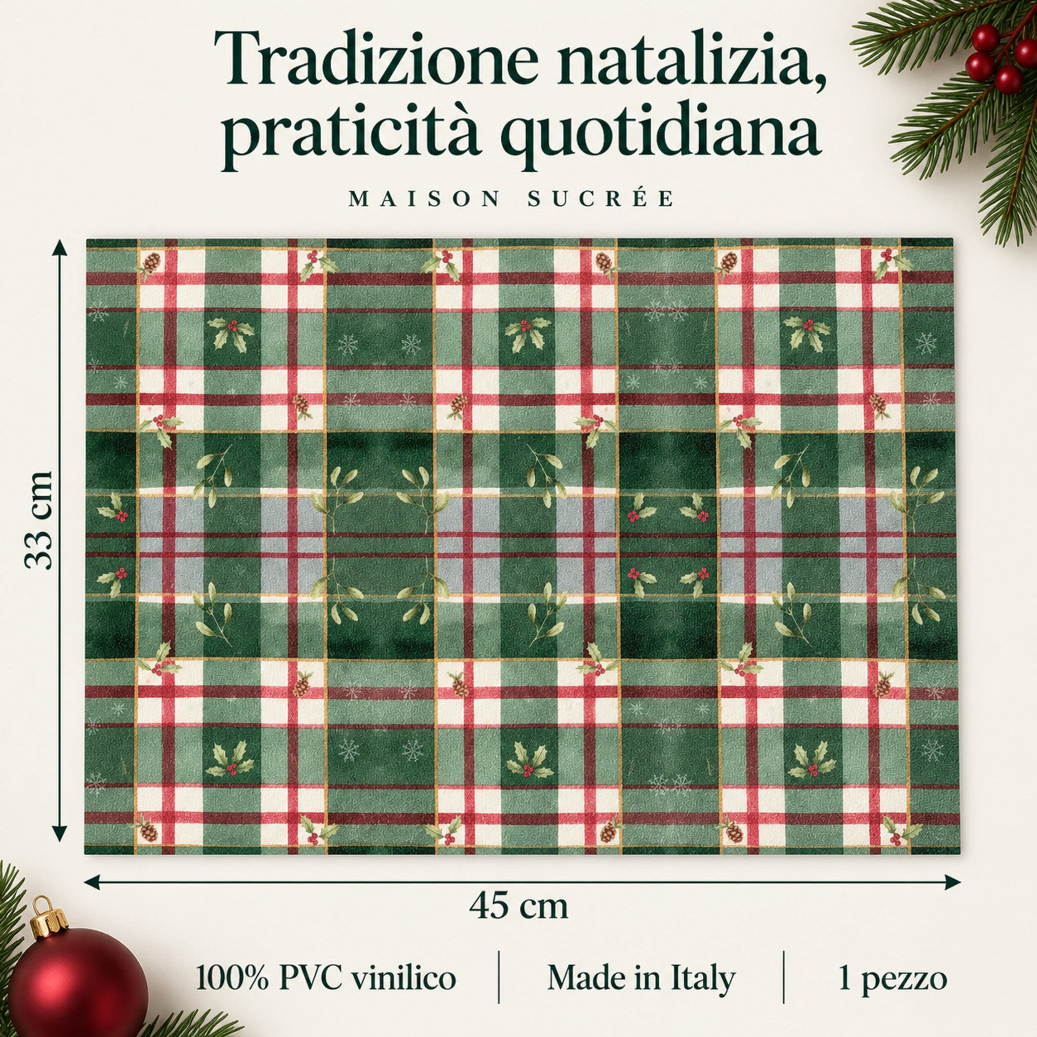 Vista completa della tovaglietta tartan natalizia Maison Sucrée con indicazione delle dimensioni 33x45 cm.