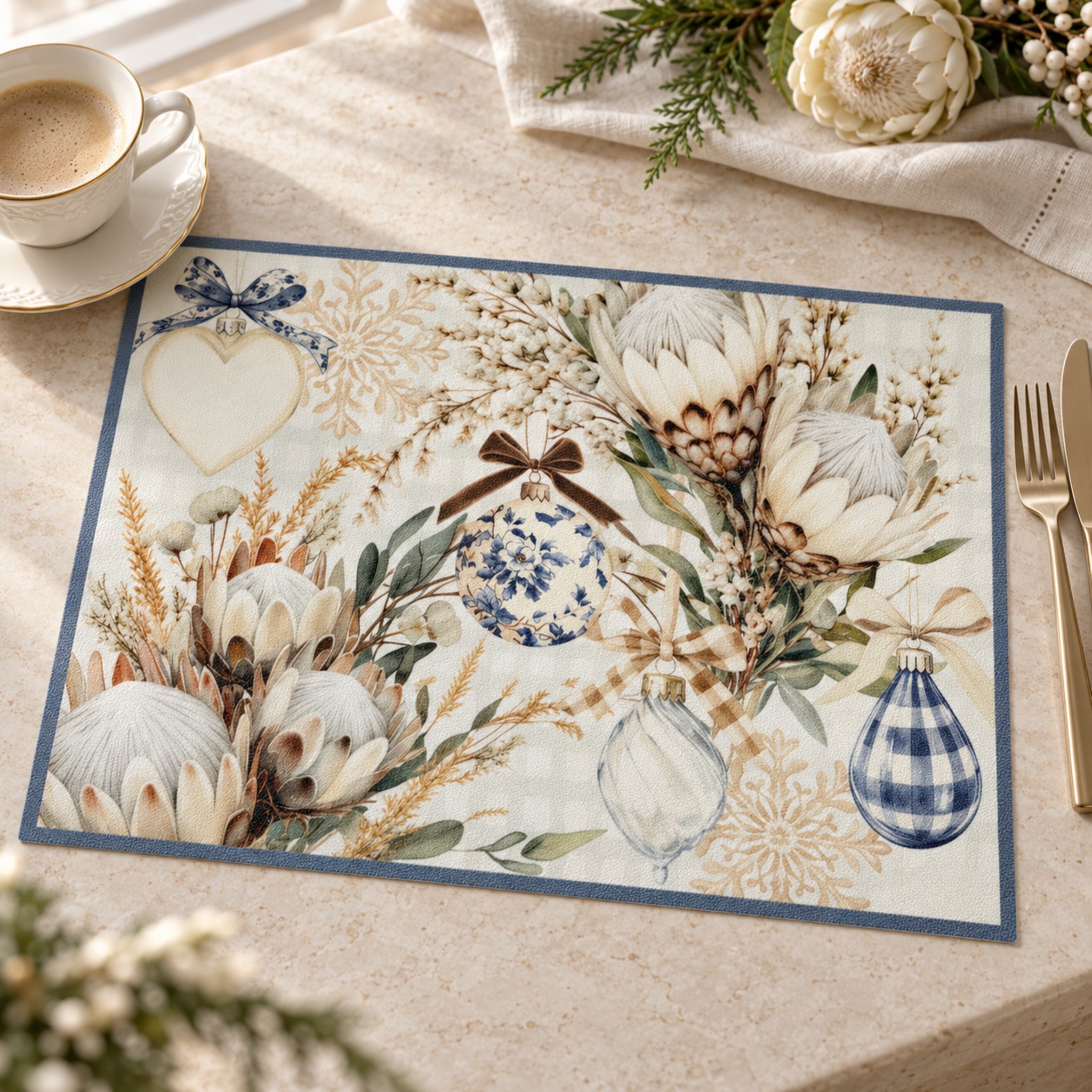 Tovaglietta Maison Sucrée Atelier d’inverno con fiori avorio e ornamenti natalizi blu, su tavola apparecchiata con tazza e posate.