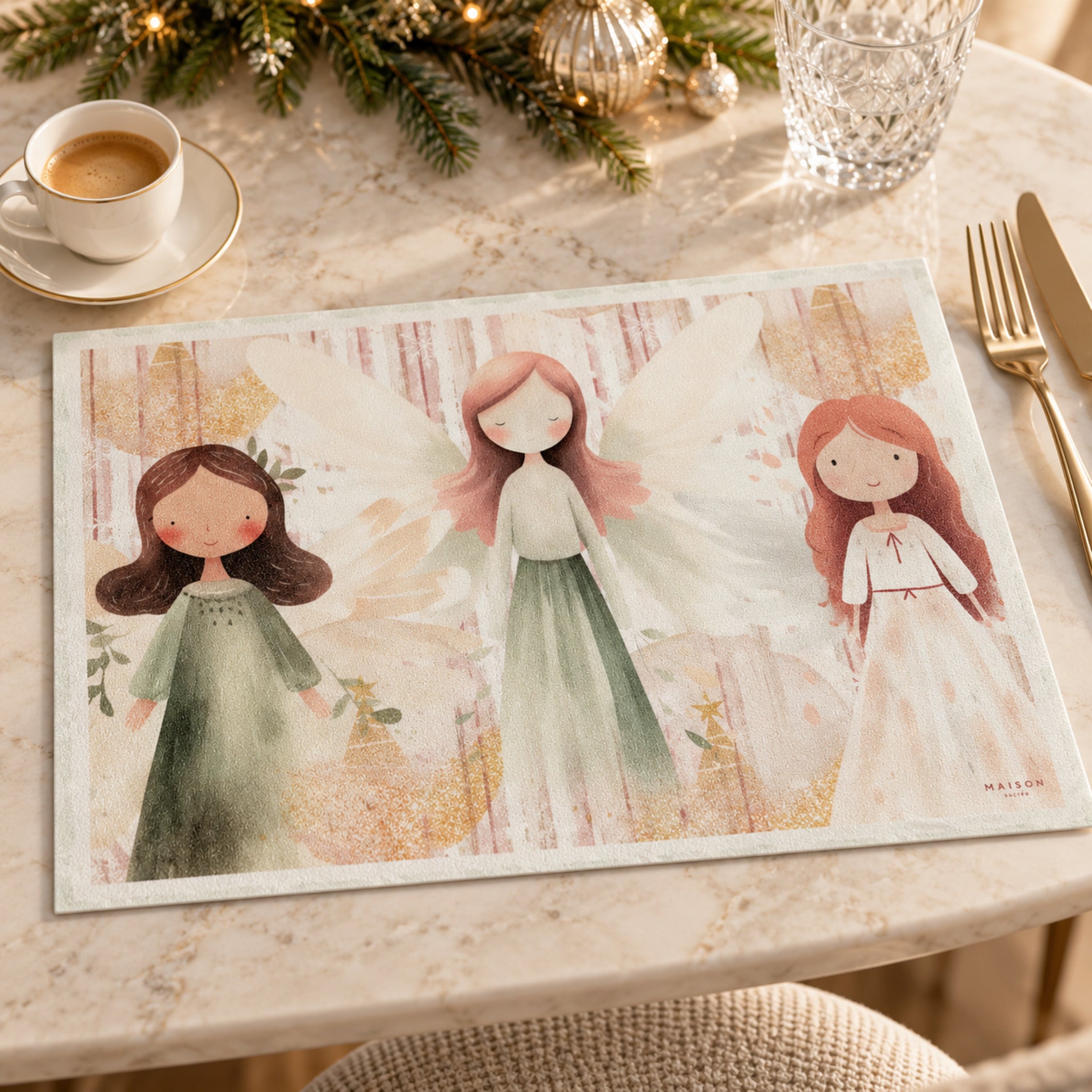 Tovaglietta Maison Sucrée Atmosfera Preziosa con angelo e figure illustrate, su tavola apparecchiata con tazza e posate dorate.