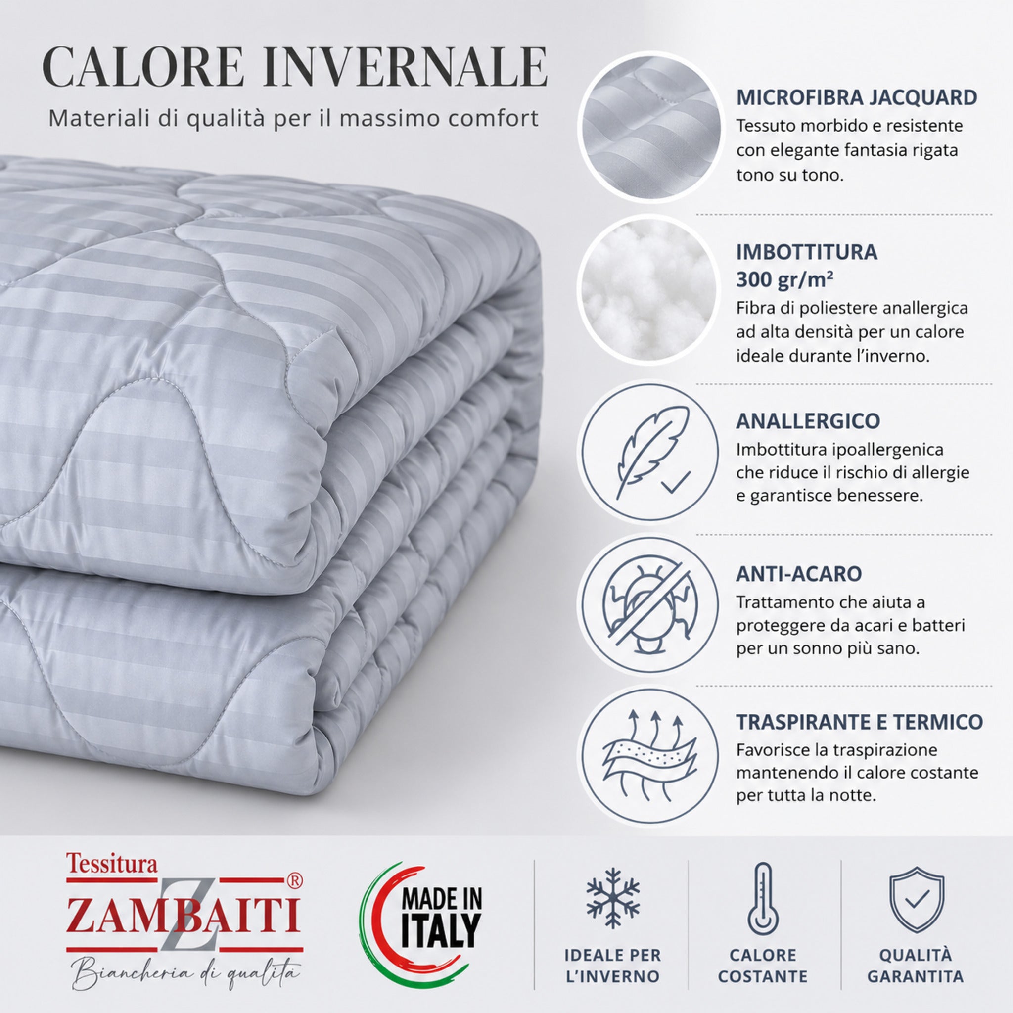Dettaglio trapunta Zambaiti Allure con microfibra jacquard e imbottitura 300 gr ghiaccio