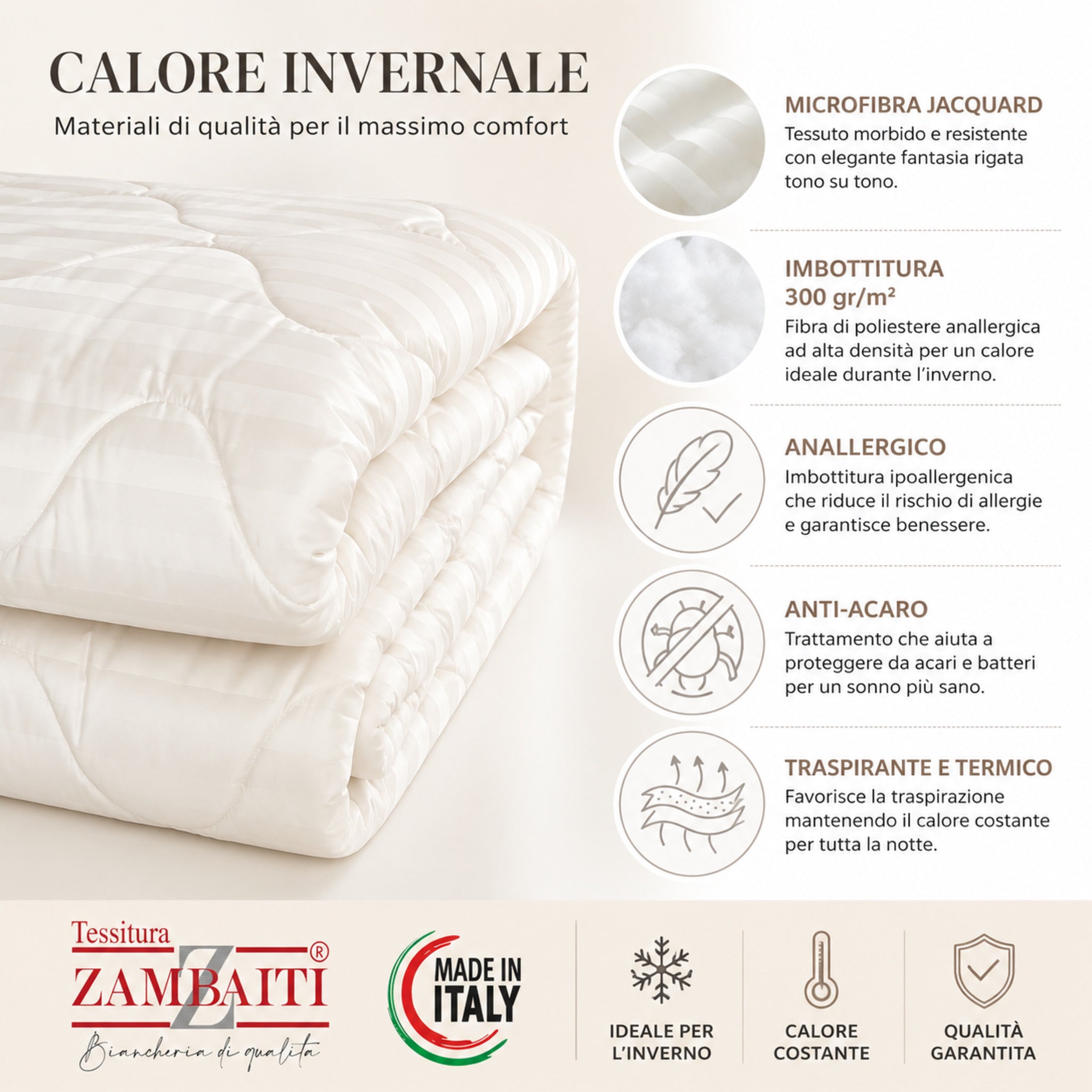 Dettaglio trapunta Zambaiti Allure con microfibra jacquard e imbottitura 300 gr panna
