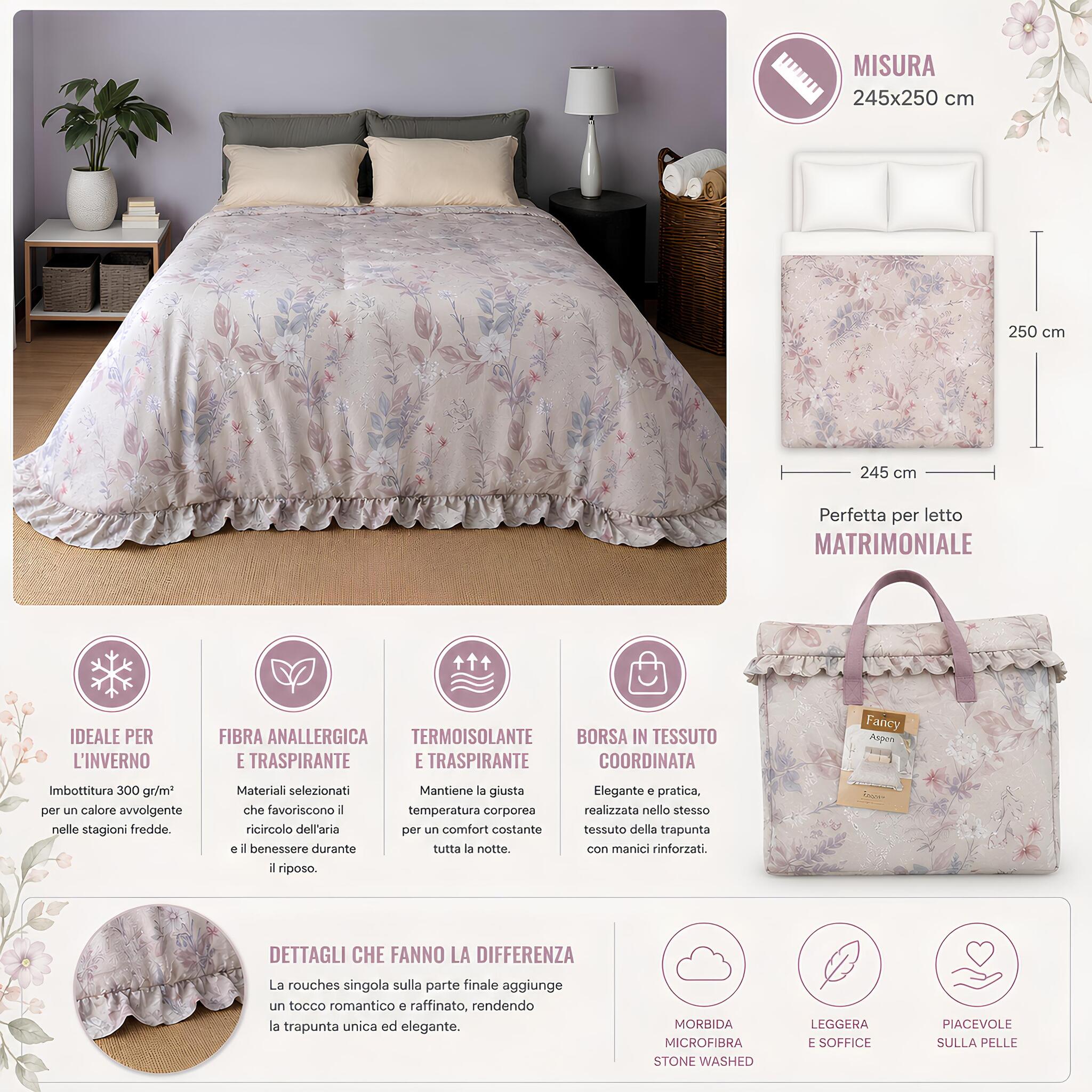 Trapunta matrimoniale Fancy Home Aspen 245x250 cm con borsa coordinata e imbottitura invernale