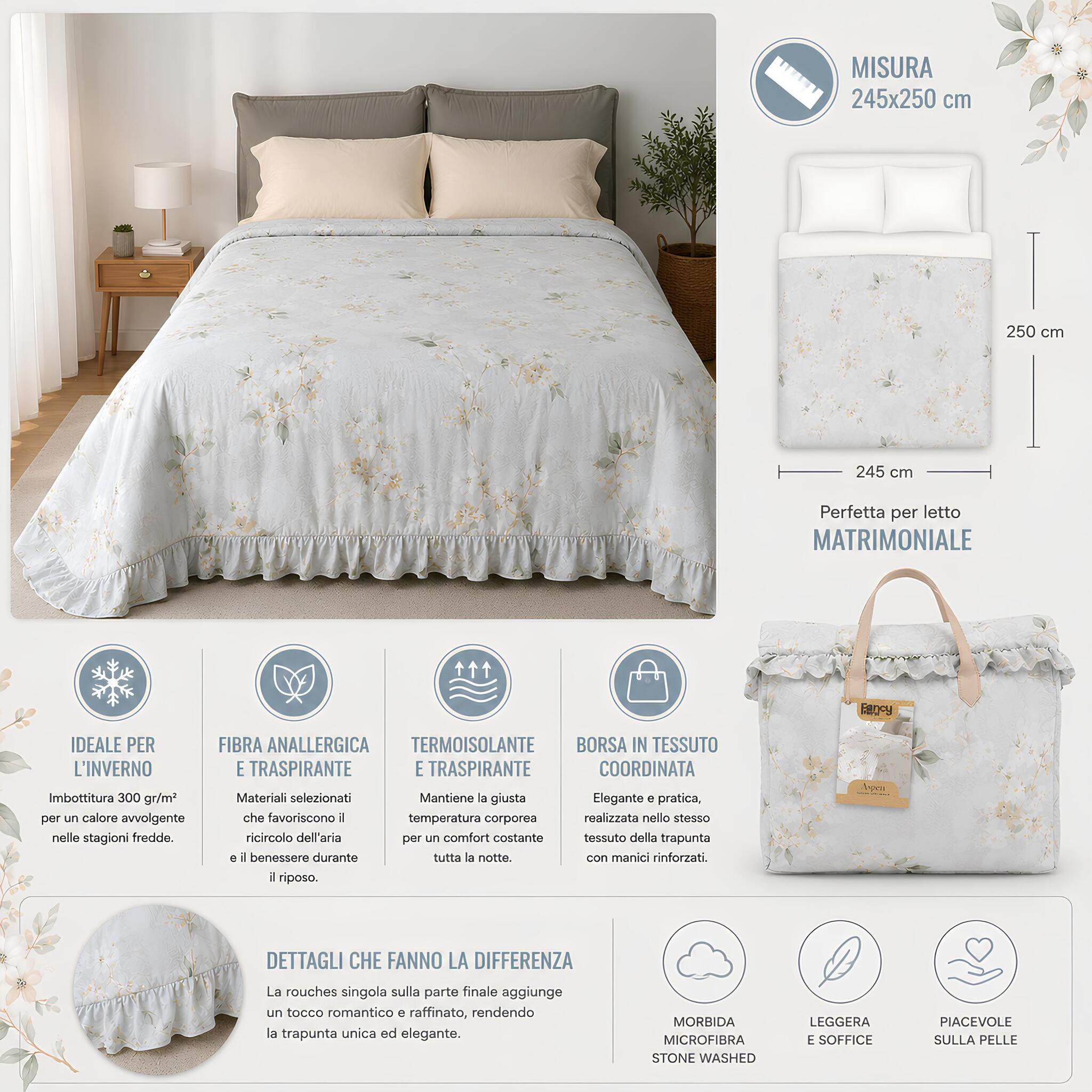Trapunta matrimoniale Fancy Home Aspen Grigio 245x250 cm con imbottitura invernale e borsa coordinata