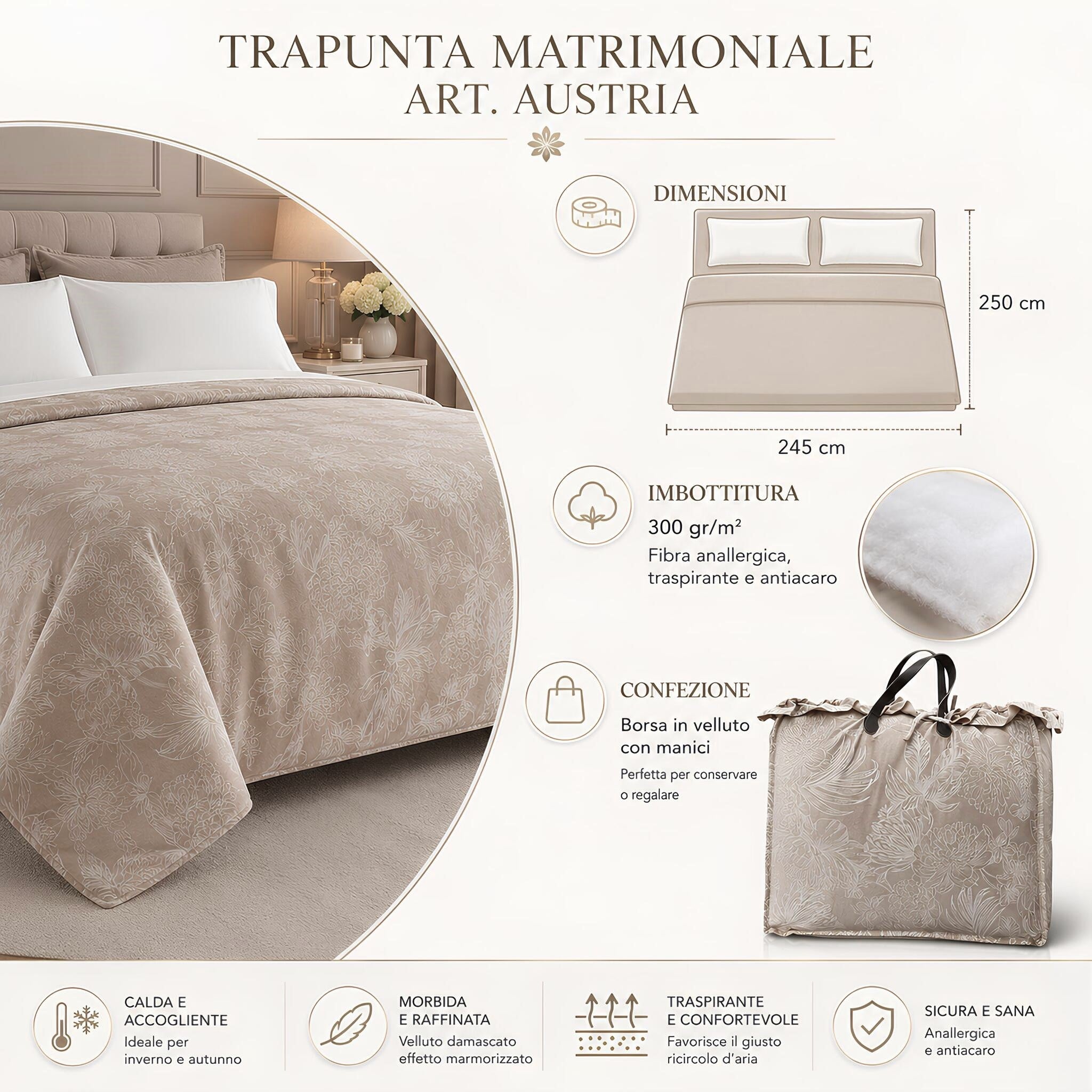 Trapunta matrimoniale Fancy Home Austria Beige 245x250 cm con imbottitura invernale e borsa in velluto