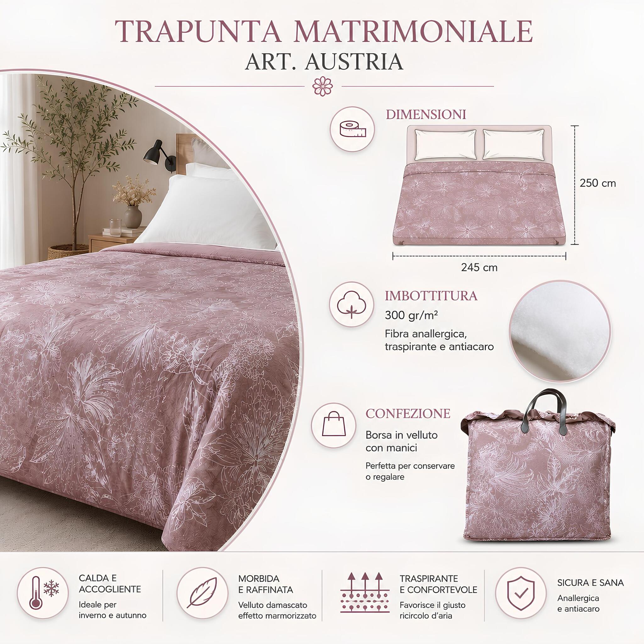 Trapunta matrimoniale Fancy Home Austria Rosa Antico 245x250 cm con borsa in velluto e imbottitura anallergica