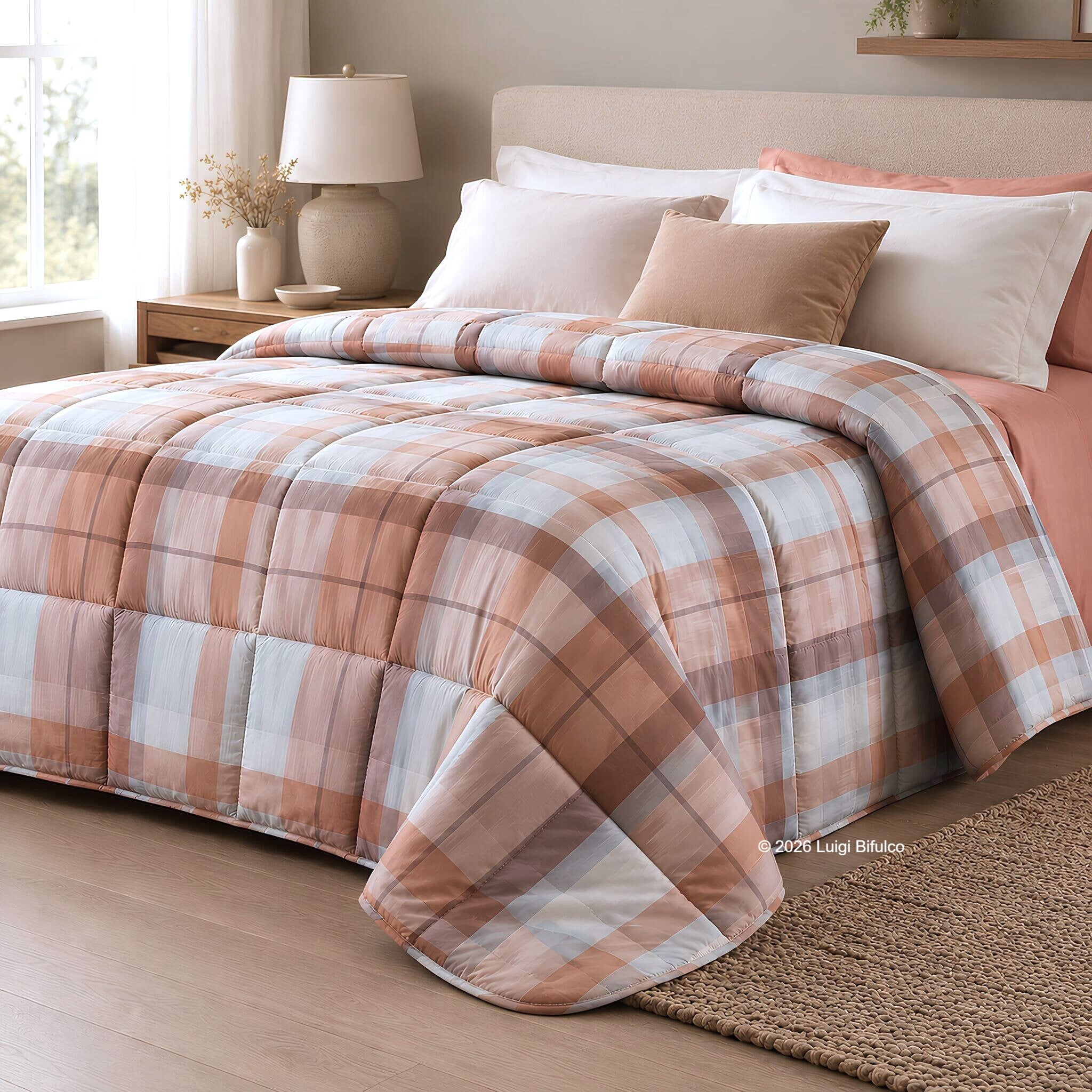 Trapunta invernale matrimoniale Caleffi Arizona Ambra 260x265 cm in microfibra con fantasia check moderna