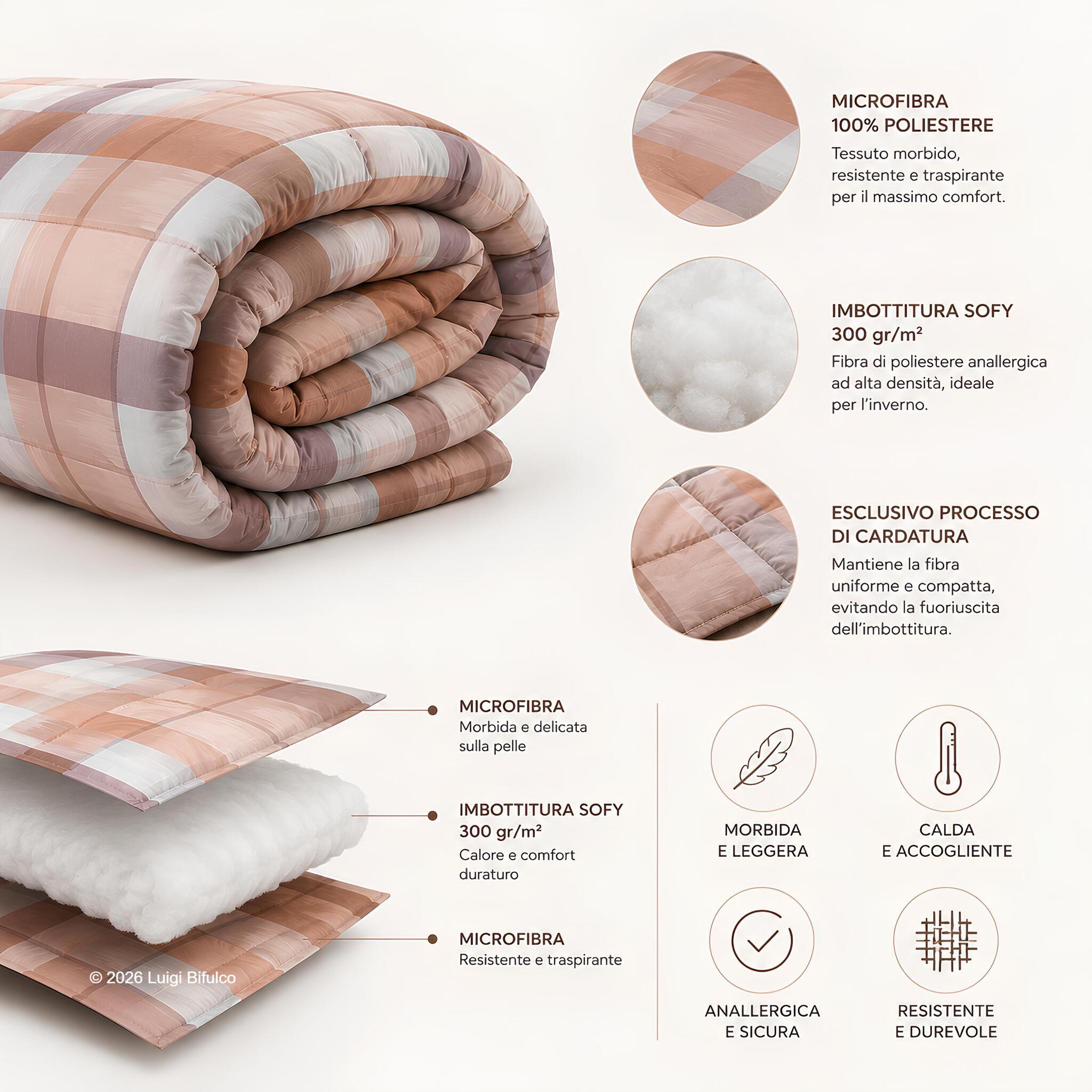 Infografica trapunta Caleffi Arizona Ambra in microfibra con imbottitura Sofy 300 g/m² e cardatura anti-fuoriuscita