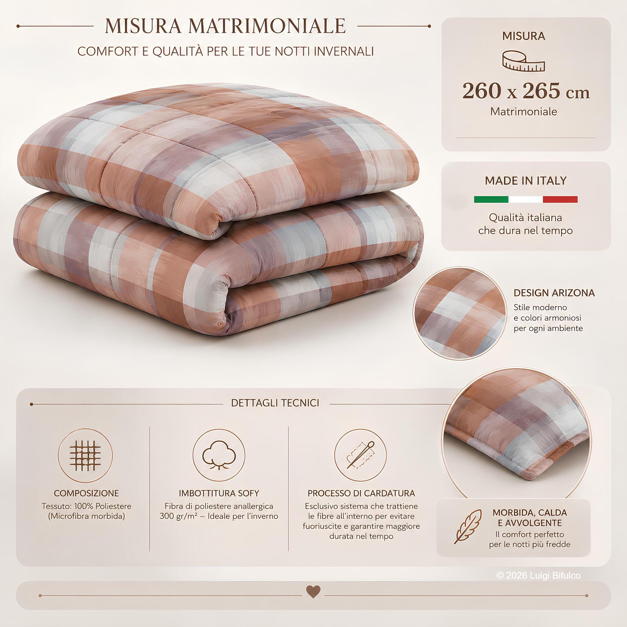 Infografica trapunta matrimoniale Caleffi Arizona Ambra 260x265 cm con imbottitura Sofy e qualità Made in Italy