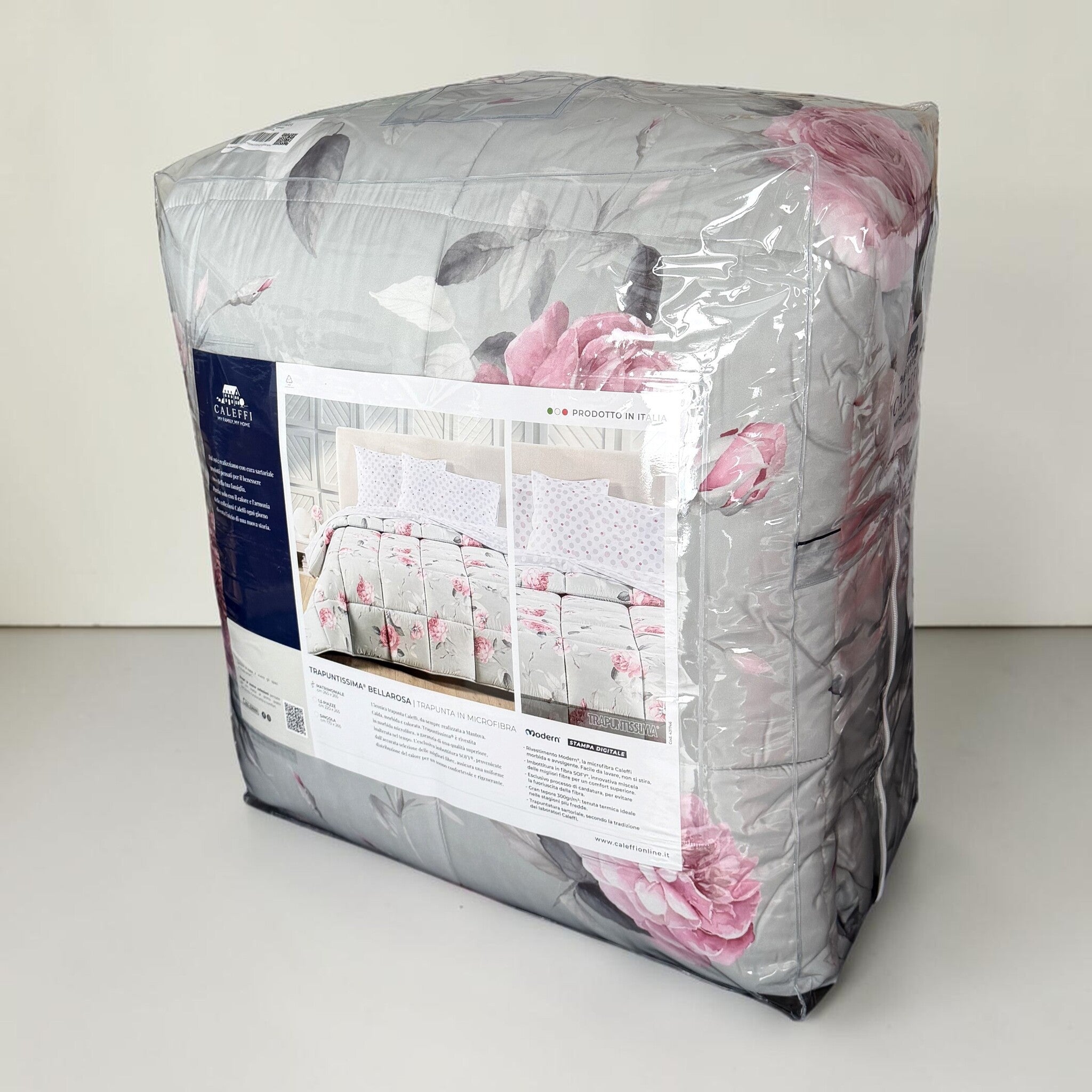 Trapunta Caleffi Bella Rosa nella confezione trasparente con immagine del prodotto e indicazione Prodotto in Italia