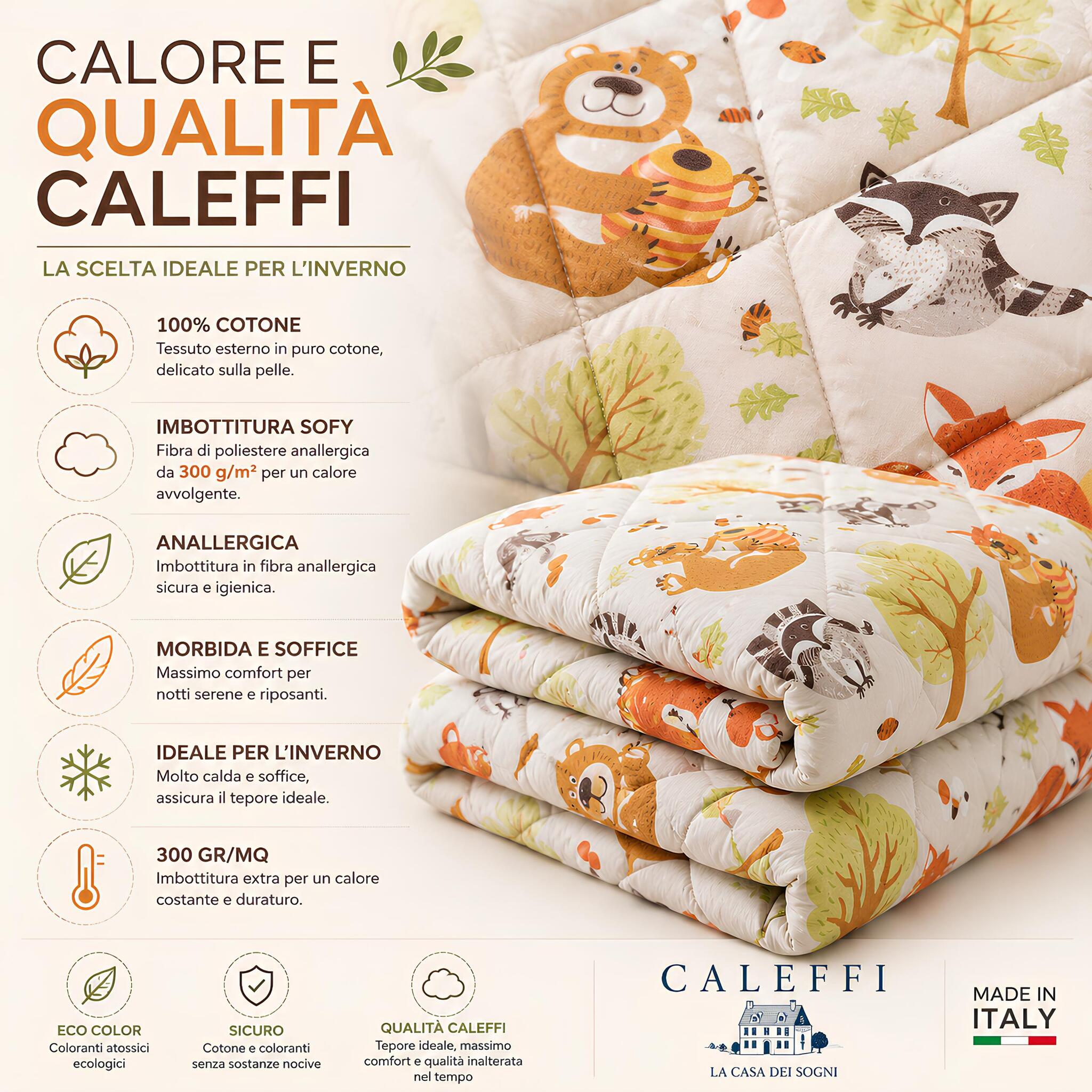 Trapunta invernale Caleffi Boschetto in cotone con imbottitura anallergica 300 grammi metro quadro